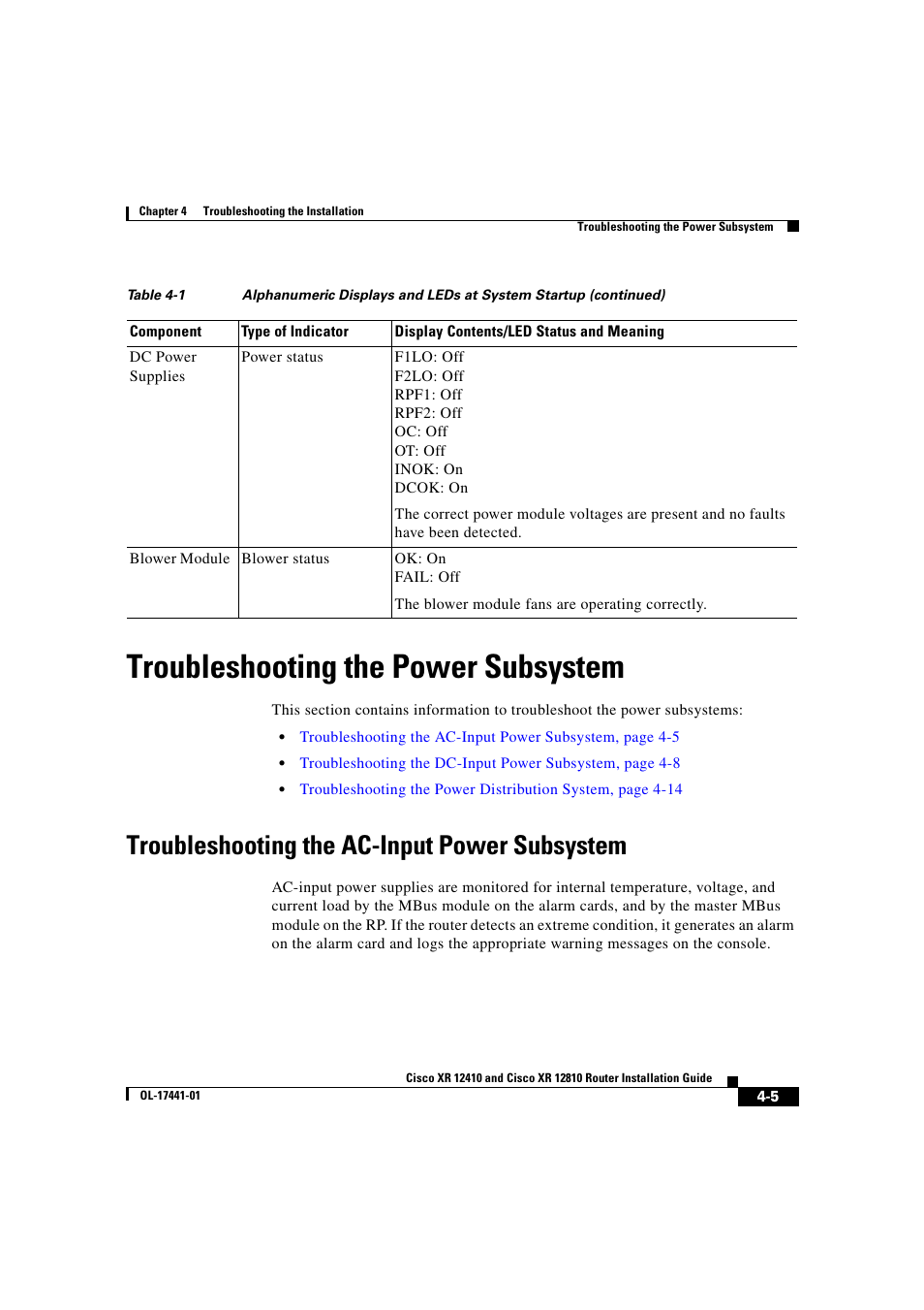 Troubleshooting the power subsystem, Troubleshooting the ac-input power subsystem | Cisco XR 12410 User Manual | Page 135 / 238