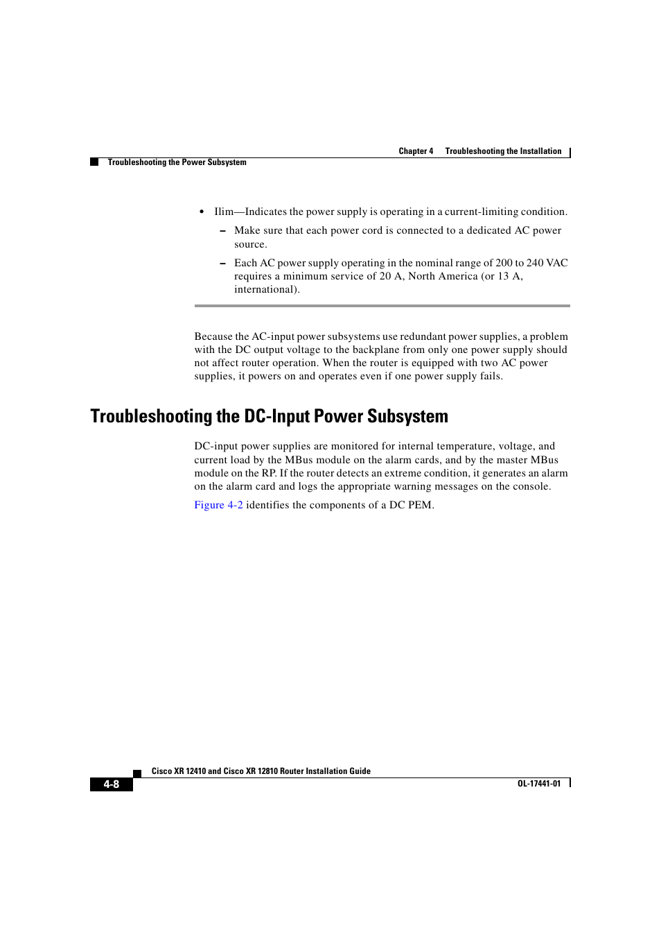 Troubleshooting the dc-input power subsystem | Cisco XR 12410 User Manual | Page 138 / 238