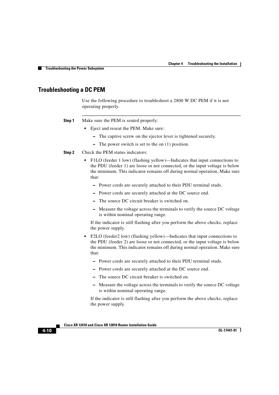 Troubleshooting a dc pem | Cisco XR 12410 User Manual | Page 140 / 238