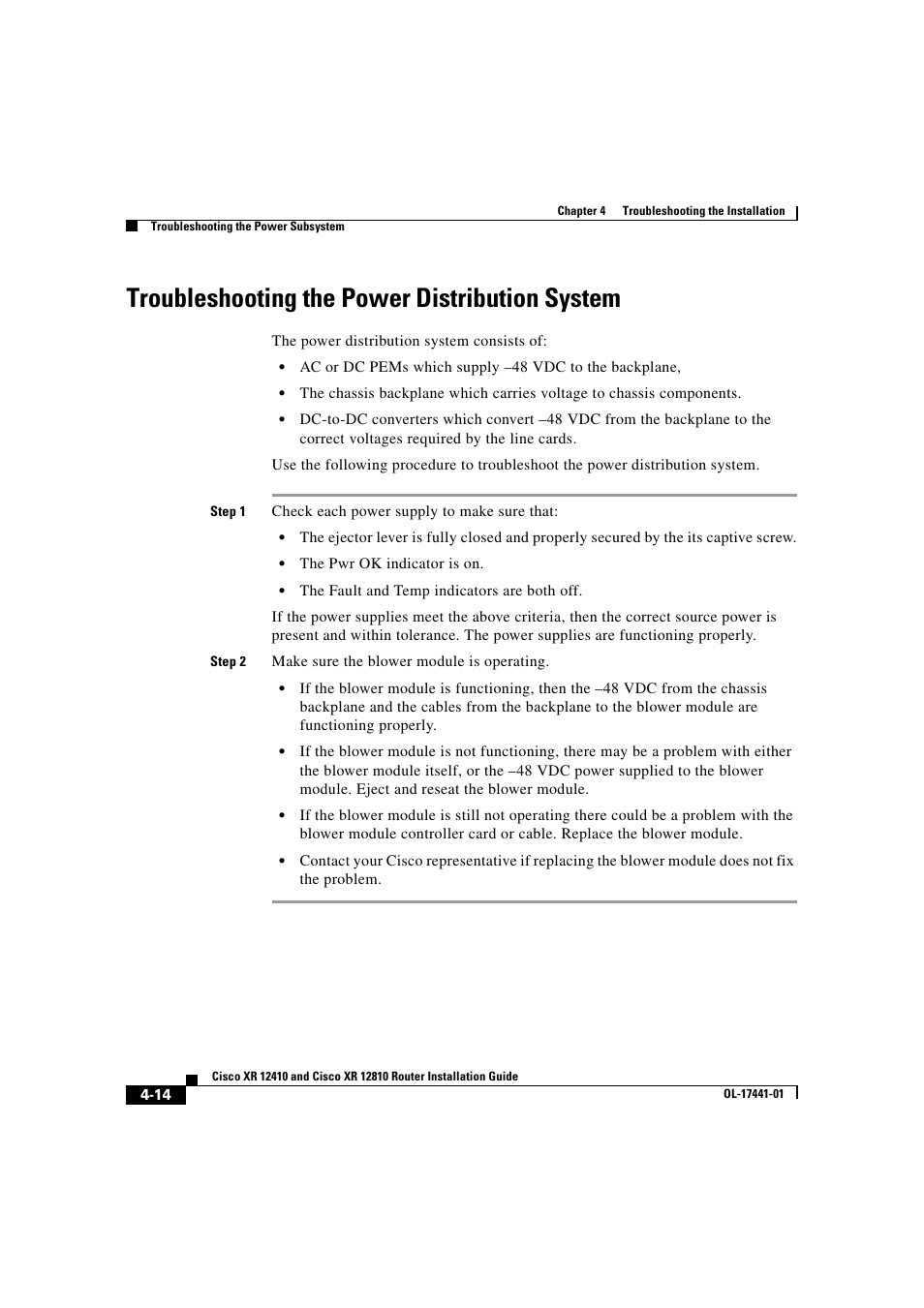 Troubleshooting the power distribution system | Cisco XR 12410 User Manual | Page 144 / 238