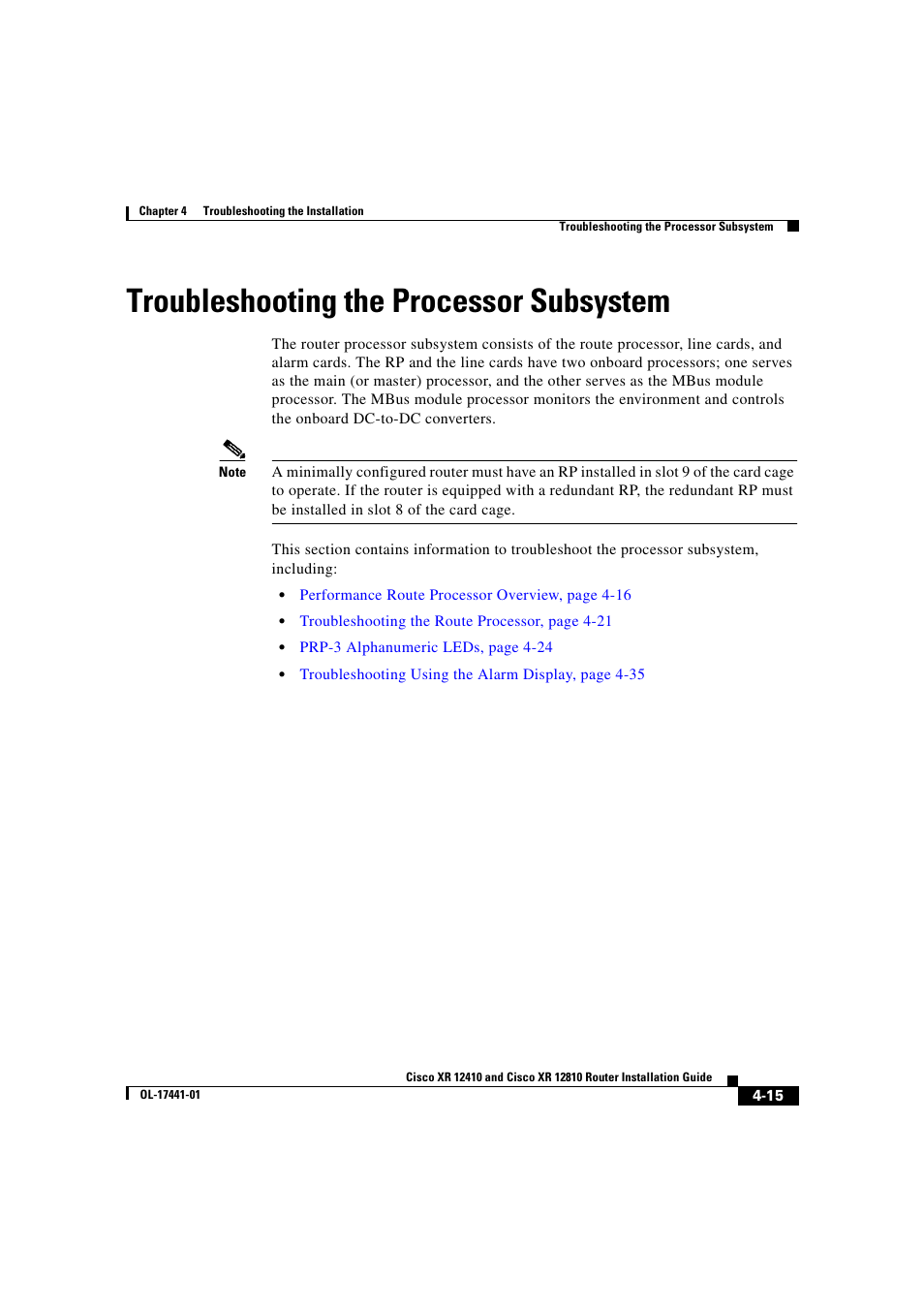 Troubleshooting the processor subsystem | Cisco XR 12410 User Manual | Page 145 / 238