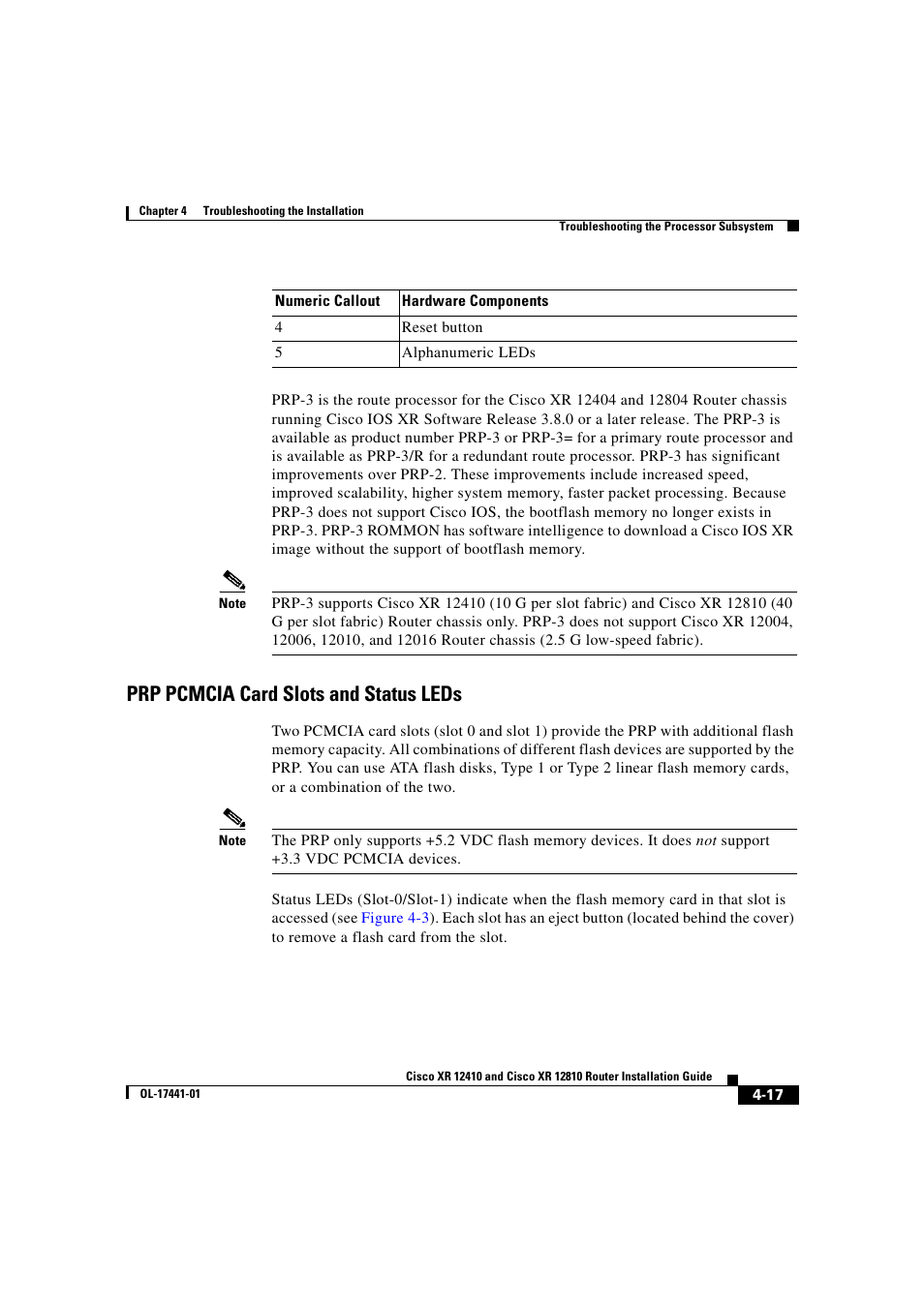 Prp pcmcia card slots and status leds | Cisco XR 12410 User Manual | Page 147 / 238