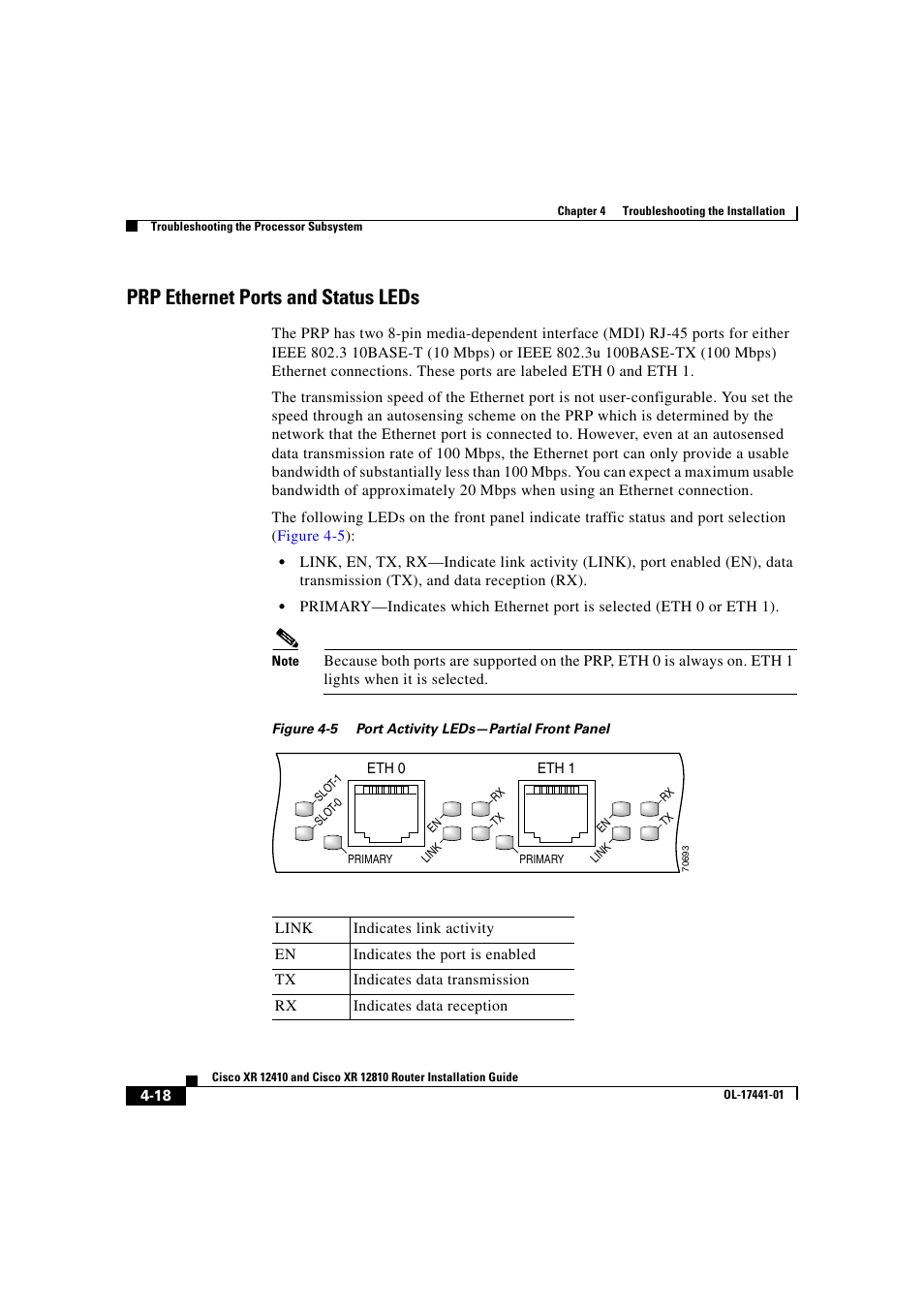 Prp ethernet ports and status leds | Cisco XR 12410 User Manual | Page 148 / 238