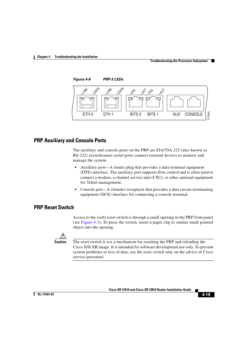 Prp auxiliary and console ports, Prp reset switch | Cisco XR 12410 User Manual | Page 149 / 238
