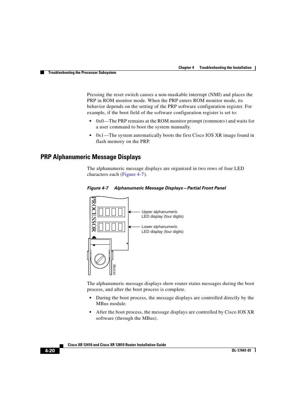 Prp alphanumeric message displays, Processor | Cisco XR 12410 User Manual | Page 150 / 238
