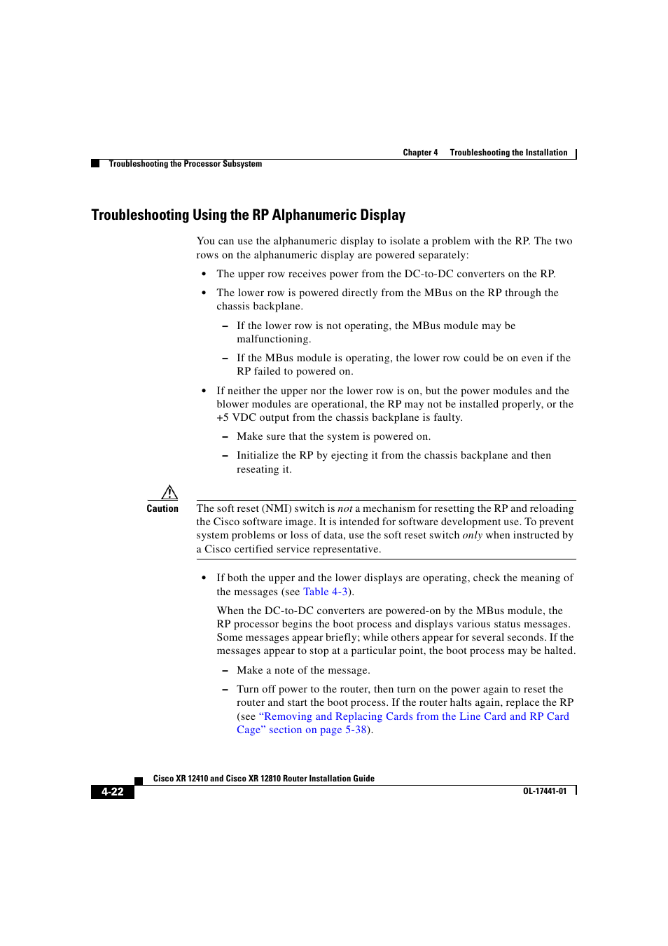 Troubleshooting using the rp alphanumeric display | Cisco XR 12410 User Manual | Page 152 / 238