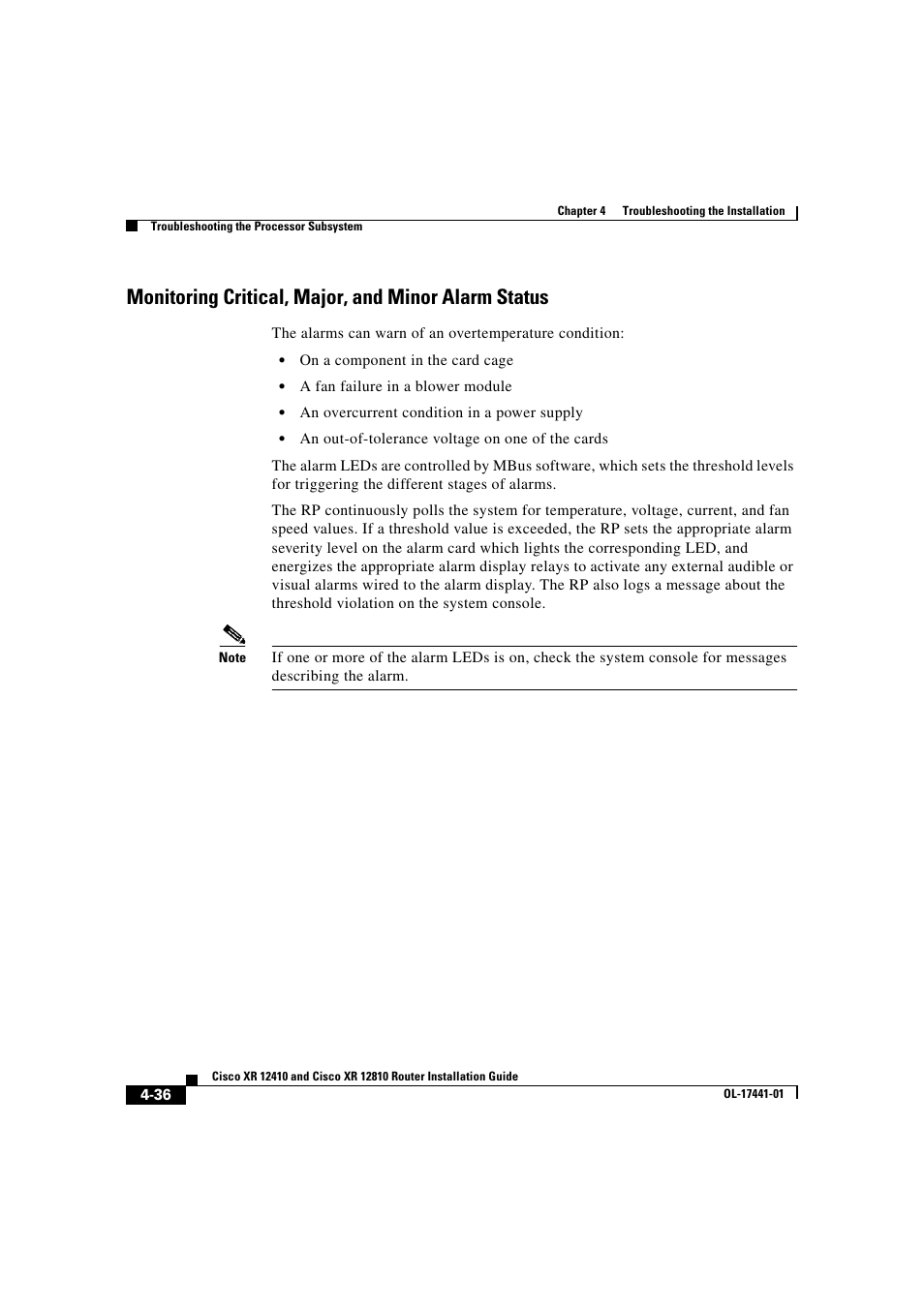 Monitoring critical, major, and minor alarm status | Cisco XR 12410 User Manual | Page 166 / 238