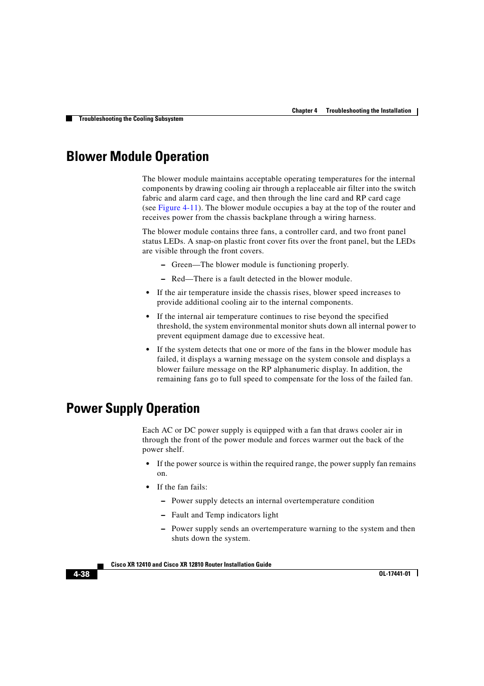 Blower module operation, Power supply operation | Cisco XR 12410 User Manual | Page 168 / 238