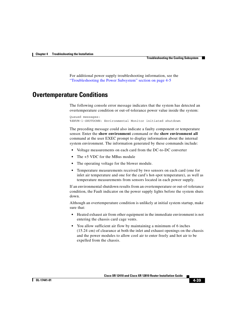 Overtemperature conditions | Cisco XR 12410 User Manual | Page 169 / 238