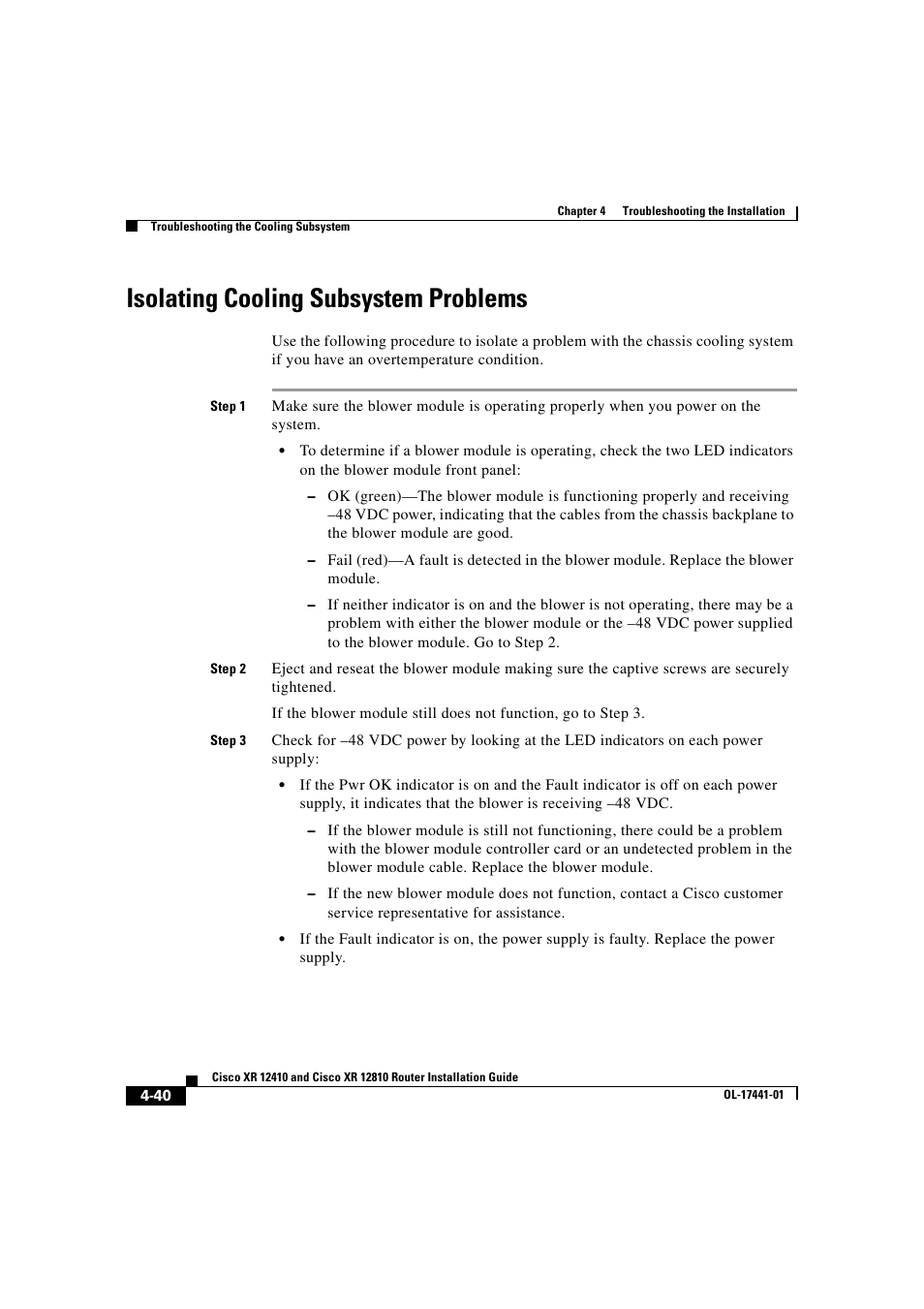 Isolating cooling subsystem problems | Cisco XR 12410 User Manual | Page 170 / 238