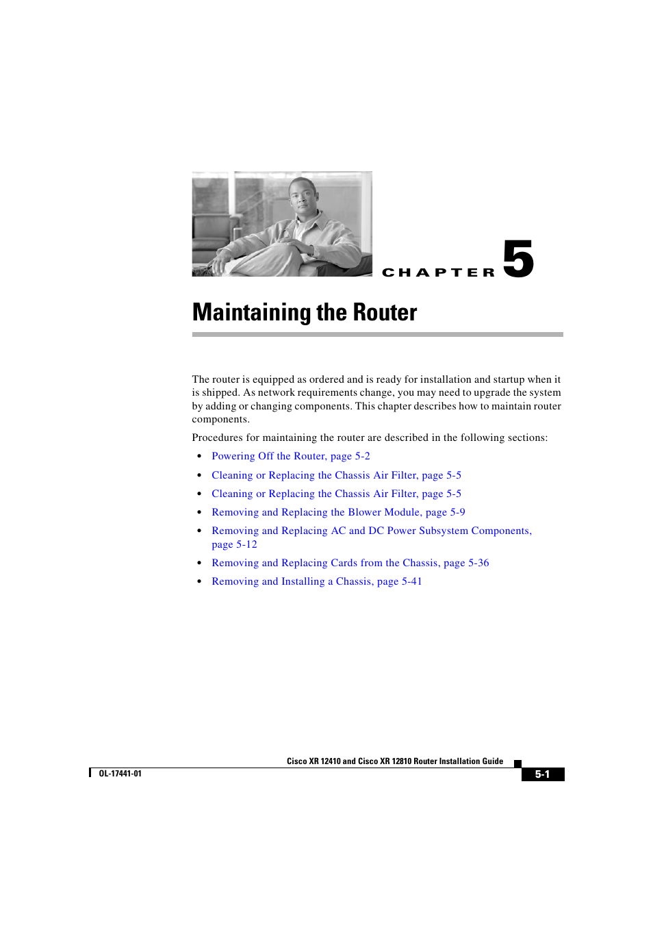 Maintaining the router, C h a p t e r, Chapter 5, “maintaining the router | Cisco XR 12410 User Manual | Page 173 / 238