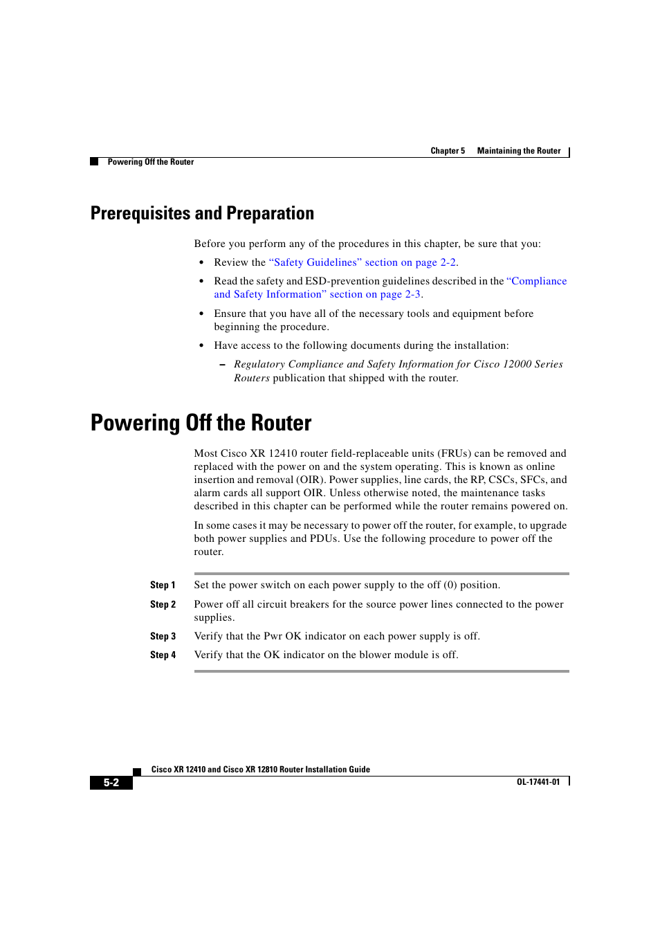 Prerequisites and preparation, Powering off the router | Cisco XR 12410 User Manual | Page 174 / 238