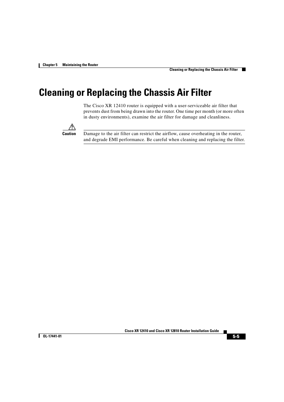 Cleaning or replacing the chassis air filter | Cisco XR 12410 User Manual | Page 177 / 238