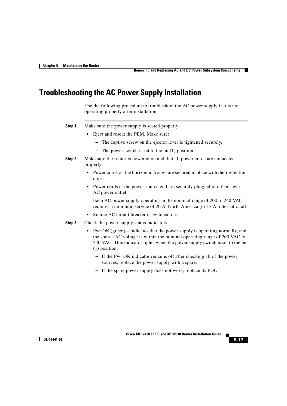 Troubleshooting the ac power supply installation, Troubleshooting the ac power supply | Cisco XR 12410 User Manual | Page 189 / 238