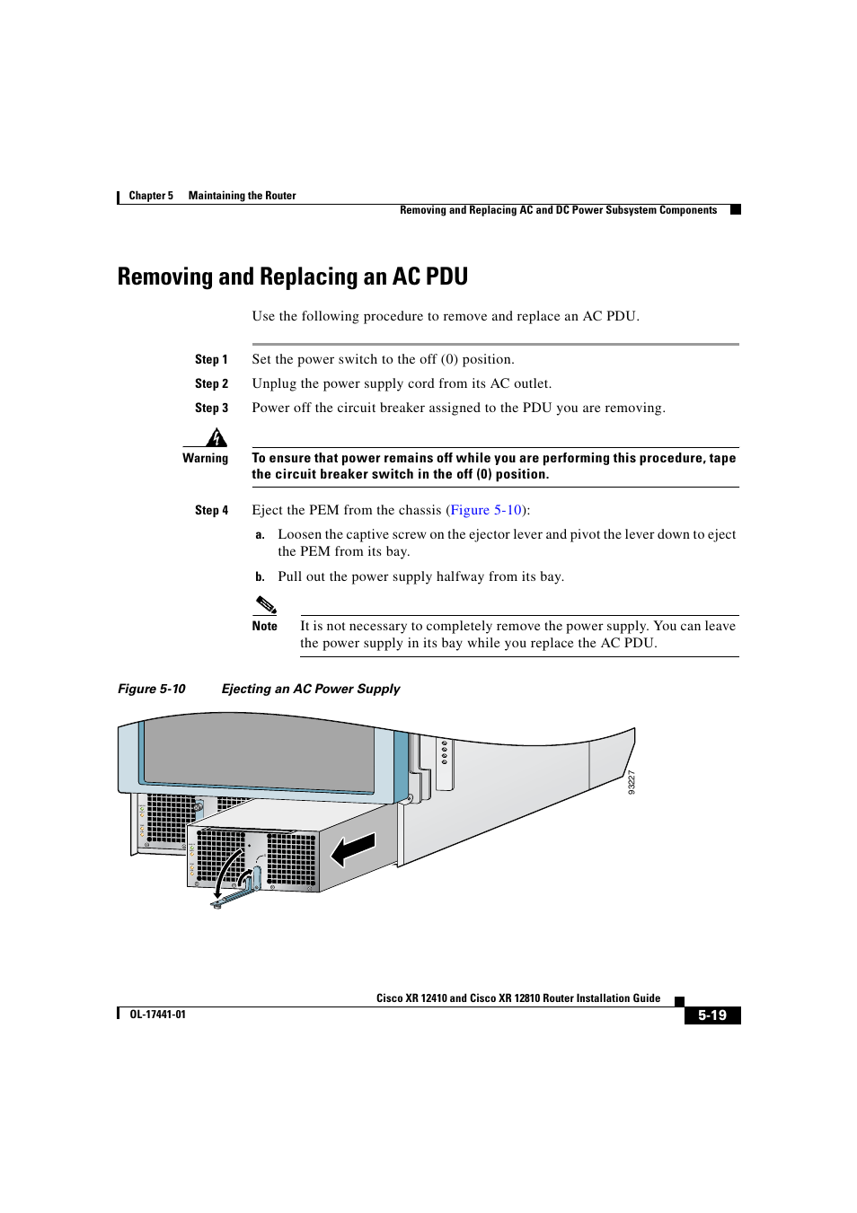 Removing and replacing an ac pdu | Cisco XR 12410 User Manual | Page 191 / 238