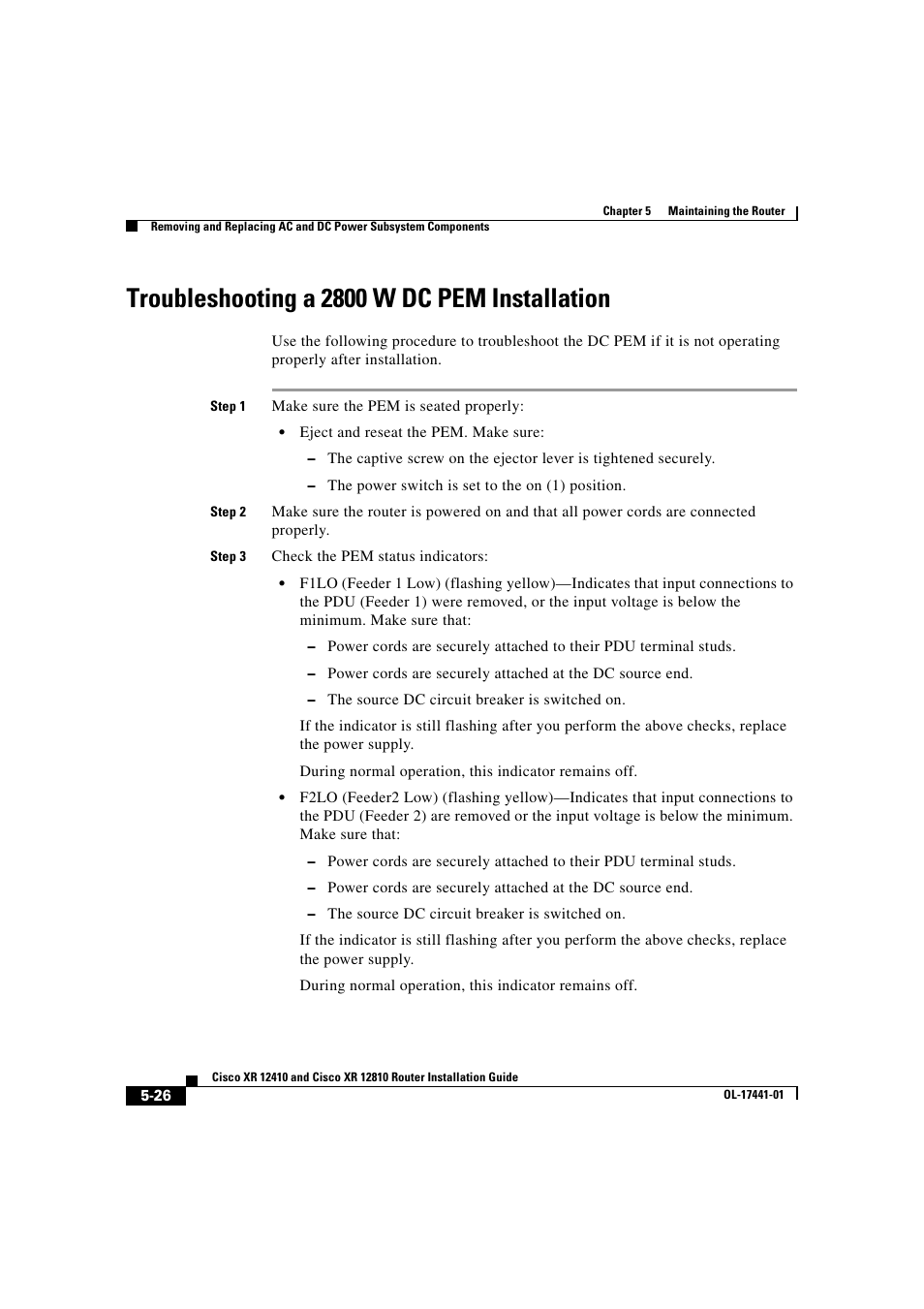 Troubleshooting a 2800 w dc pem installation | Cisco XR 12410 User Manual | Page 198 / 238