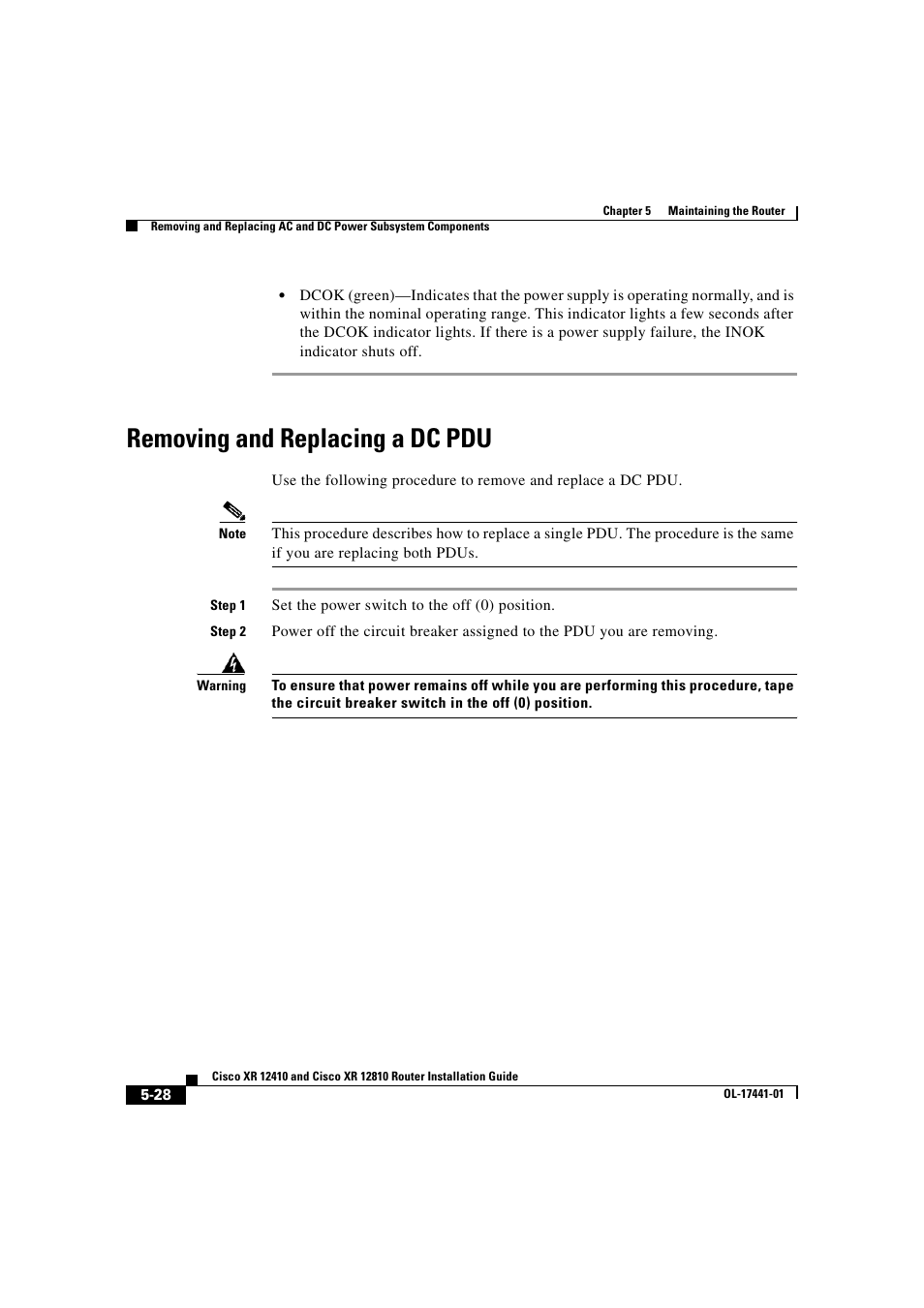 Removing and replacing a dc pdu, Removing and replacing a dc pdu” procedure | Cisco XR 12410 User Manual | Page 200 / 238