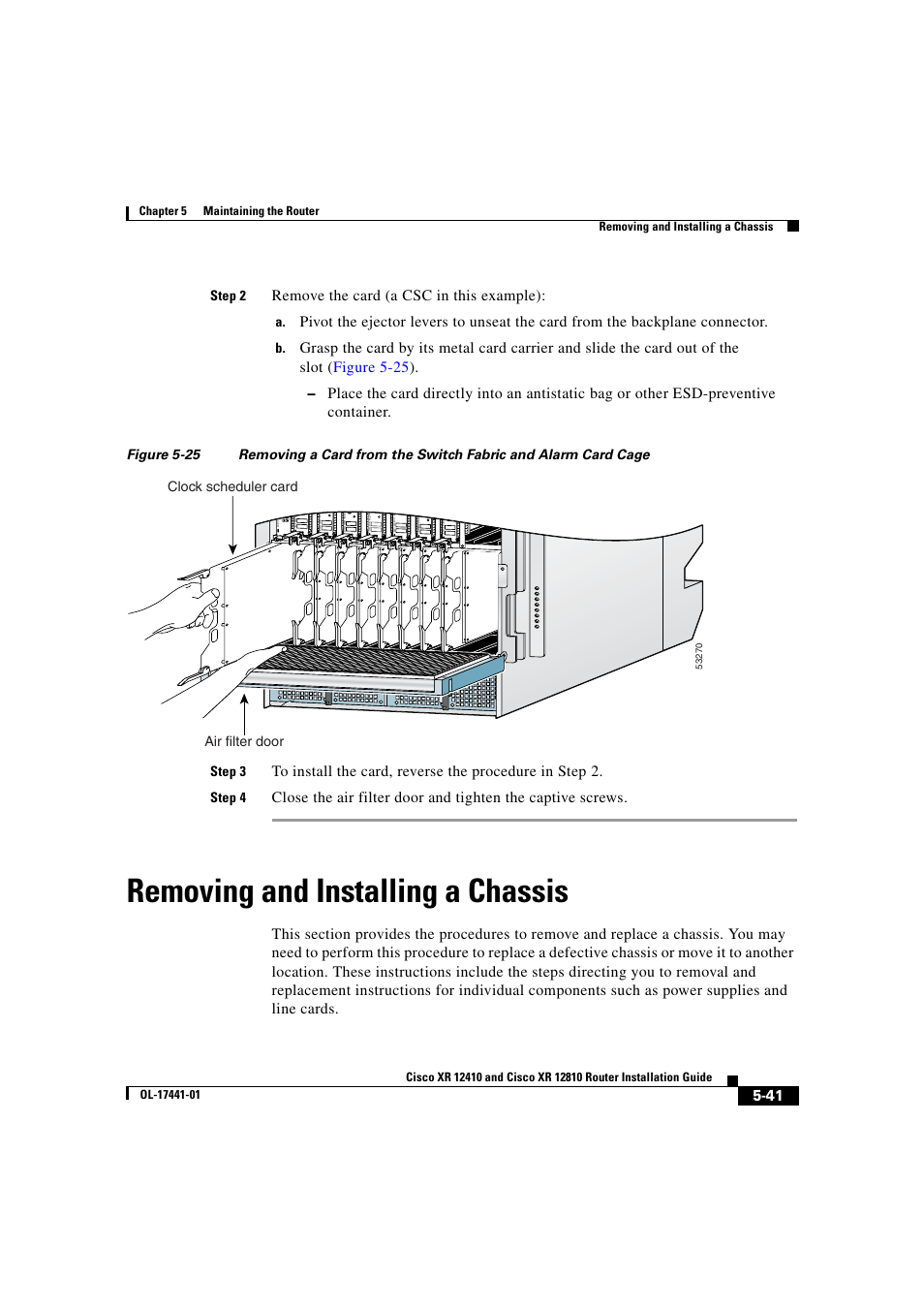 Removing and installing a chassis, Remove the card (a csc in this example), Step 2 | Step 4, 2sf c, Air filter door, Clock scheduler card | Cisco XR 12410 User Manual | Page 213 / 238