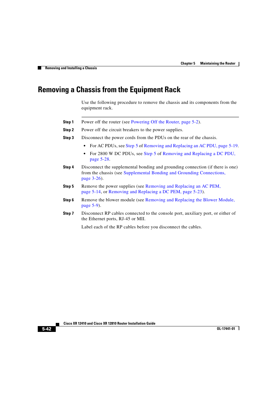 Removing a chassis from the equipment rack | Cisco XR 12410 User Manual | Page 214 / 238