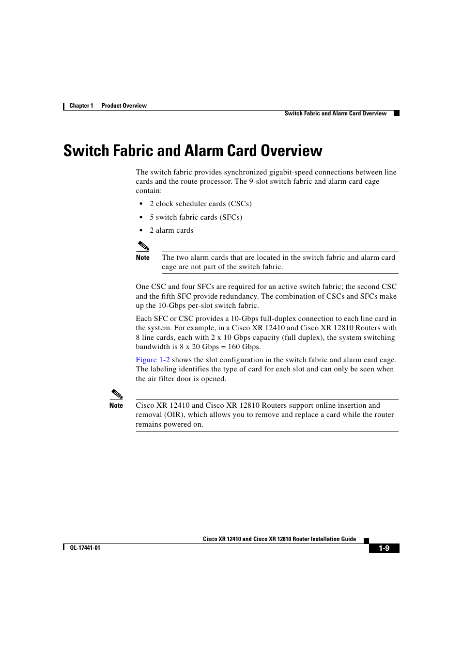 Switch fabric and alarm card overview, Switch fabric and | Cisco XR 12410 User Manual | Page 23 / 238