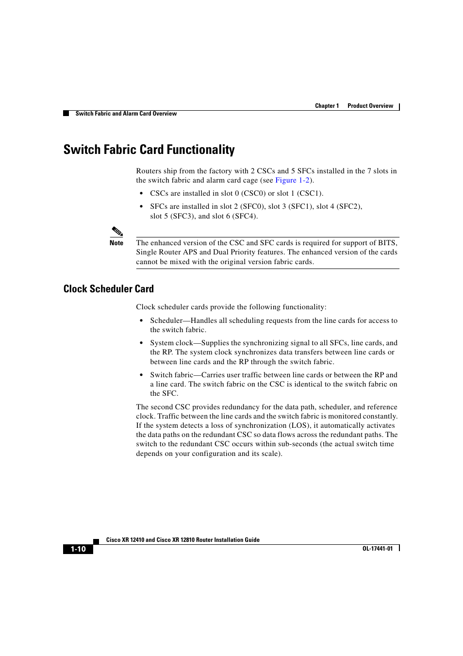 Switch fabric card functionality, Clock scheduler card | Cisco XR 12410 User Manual | Page 24 / 238
