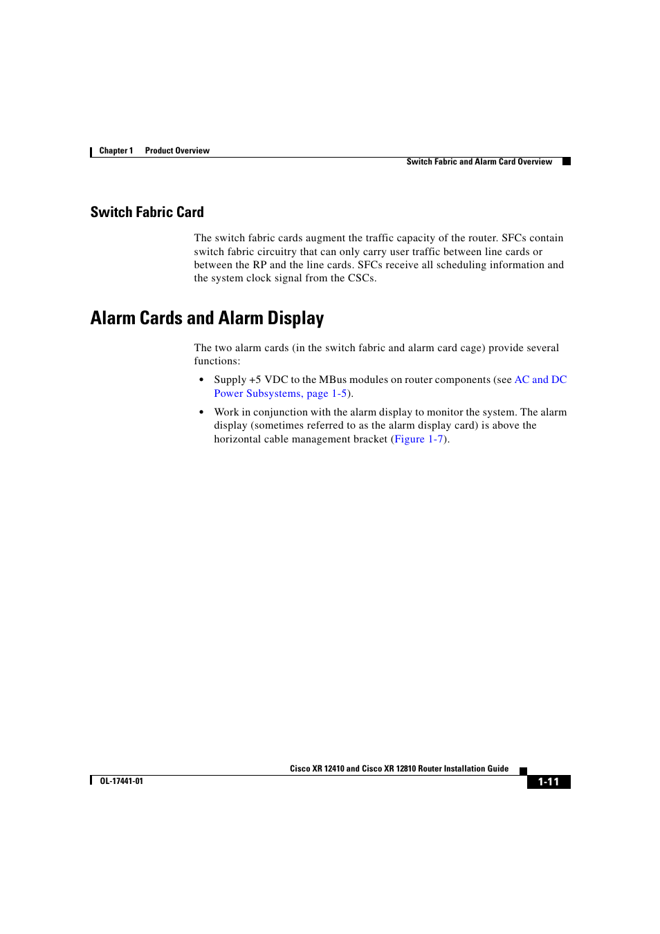 Switch fabric card, Alarm cards and alarm display, Alarm cards and alarm display” section on | Cisco XR 12410 User Manual | Page 25 / 238