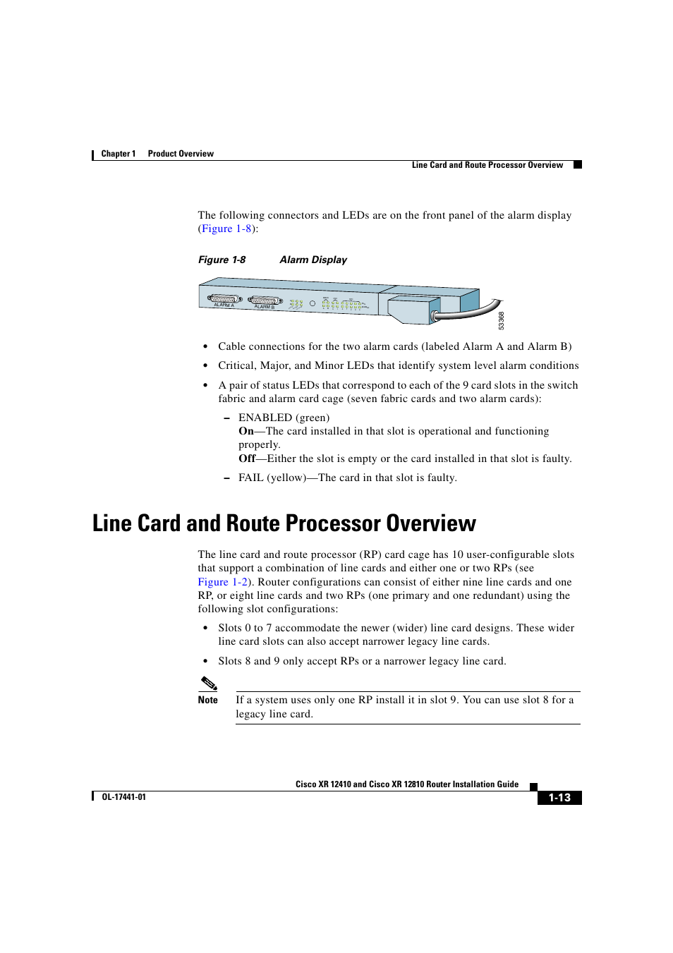 Line card and route processor overview, Fail (yellow)—the card in that slot is faulty | Cisco XR 12410 User Manual | Page 27 / 238