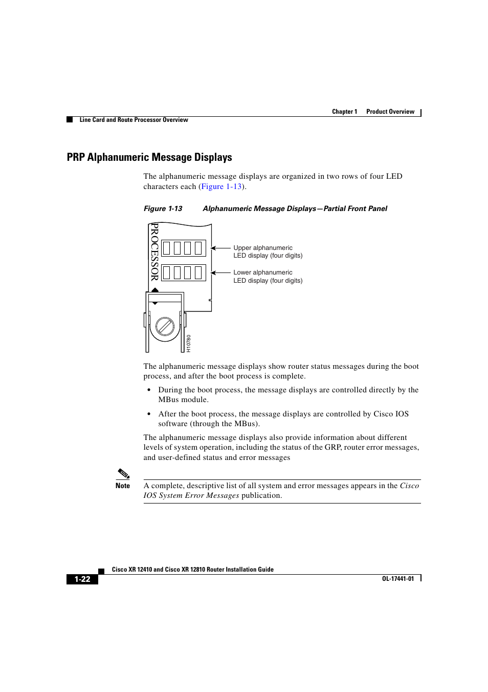 Prp alphanumeric message displays, Processor | Cisco XR 12410 User Manual | Page 36 / 238