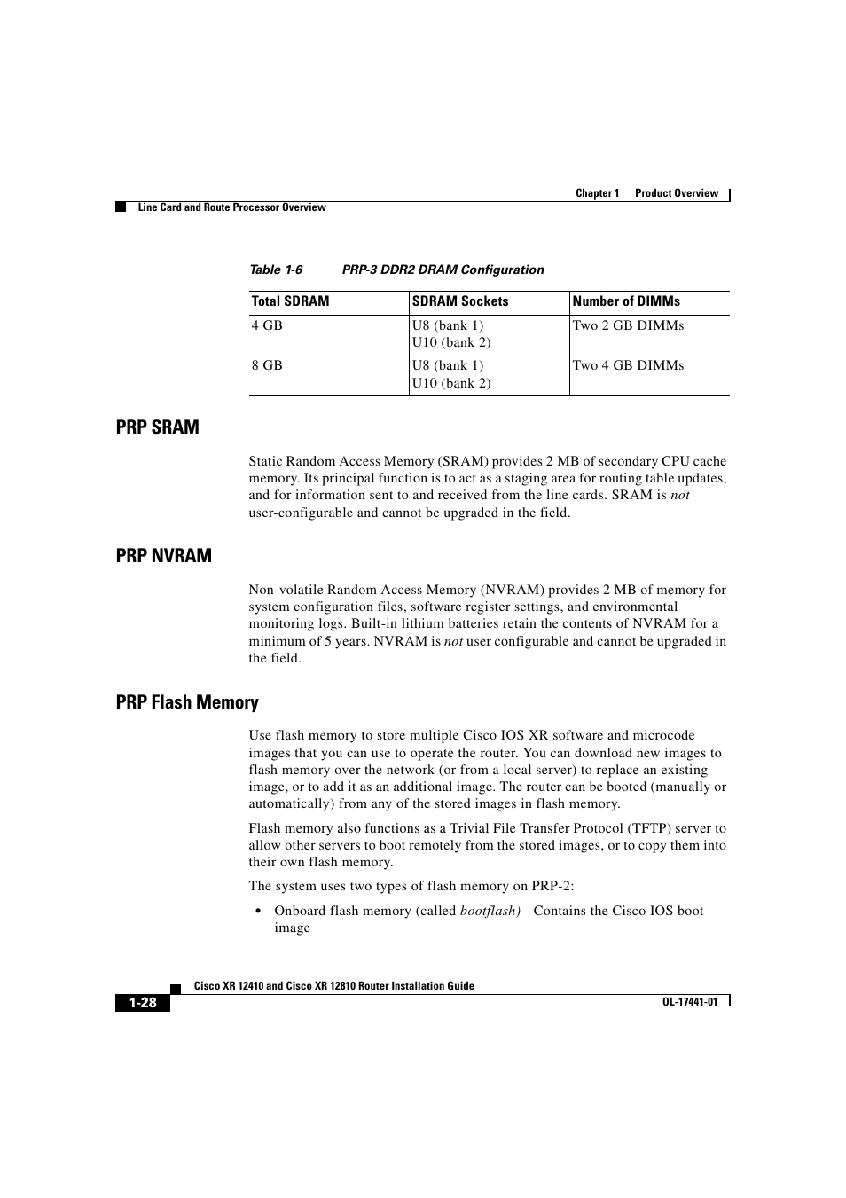 Prp sram, Prp nvram, Prp flash memory | Cisco XR 12410 User Manual | Page 42 / 238