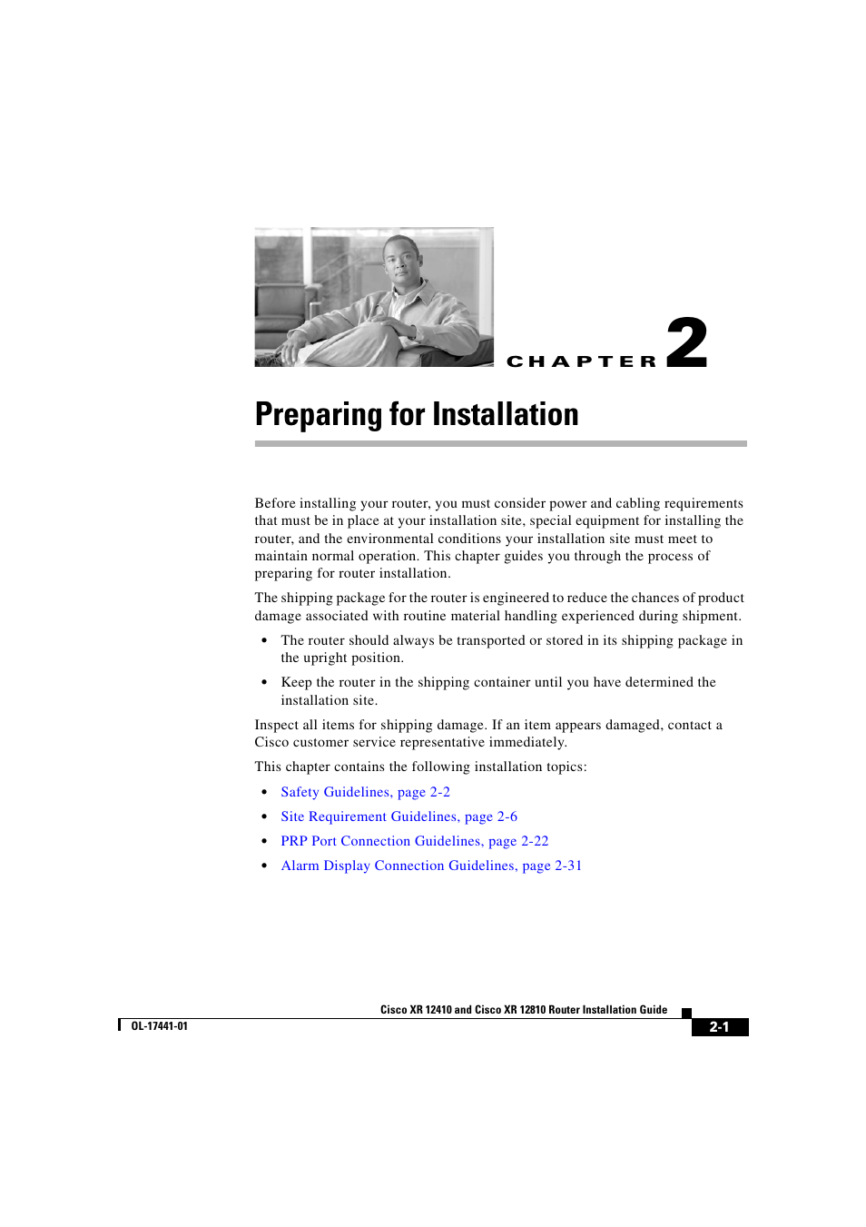 Preparing for installation, C h a p t e r, Chapter 2, “preparing for installation | Cisco XR 12410 User Manual | Page 51 / 238