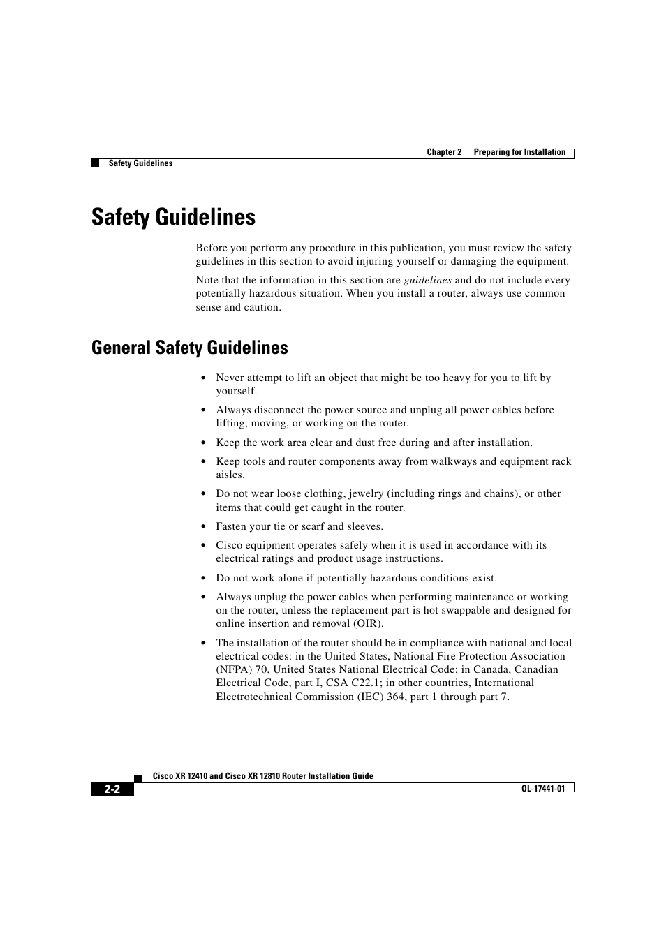 Safety guidelines, General safety guidelines | Cisco XR 12410 User Manual | Page 52 / 238