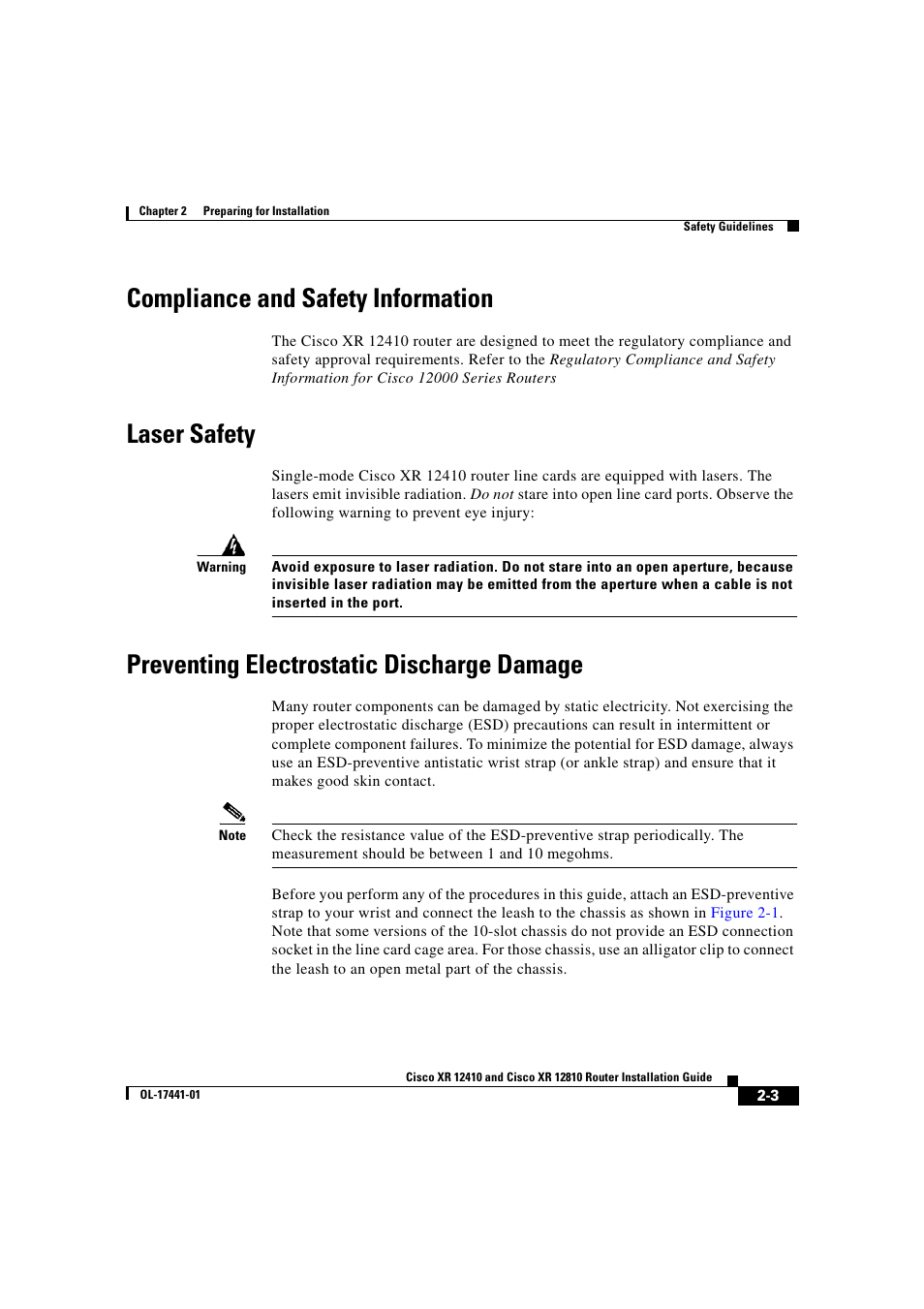 Compliance and safety information, Laser safety, Preventing electrostatic discharge damage | Cisco XR 12410 User Manual | Page 53 / 238