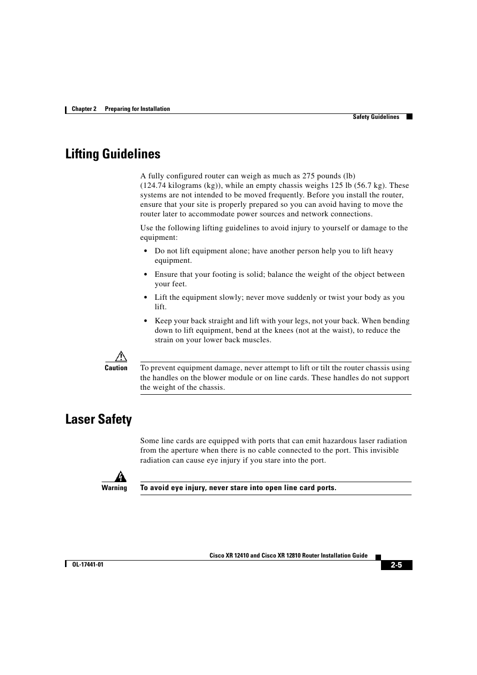 Lifting guidelines, Laser safety | Cisco XR 12410 User Manual | Page 55 / 238