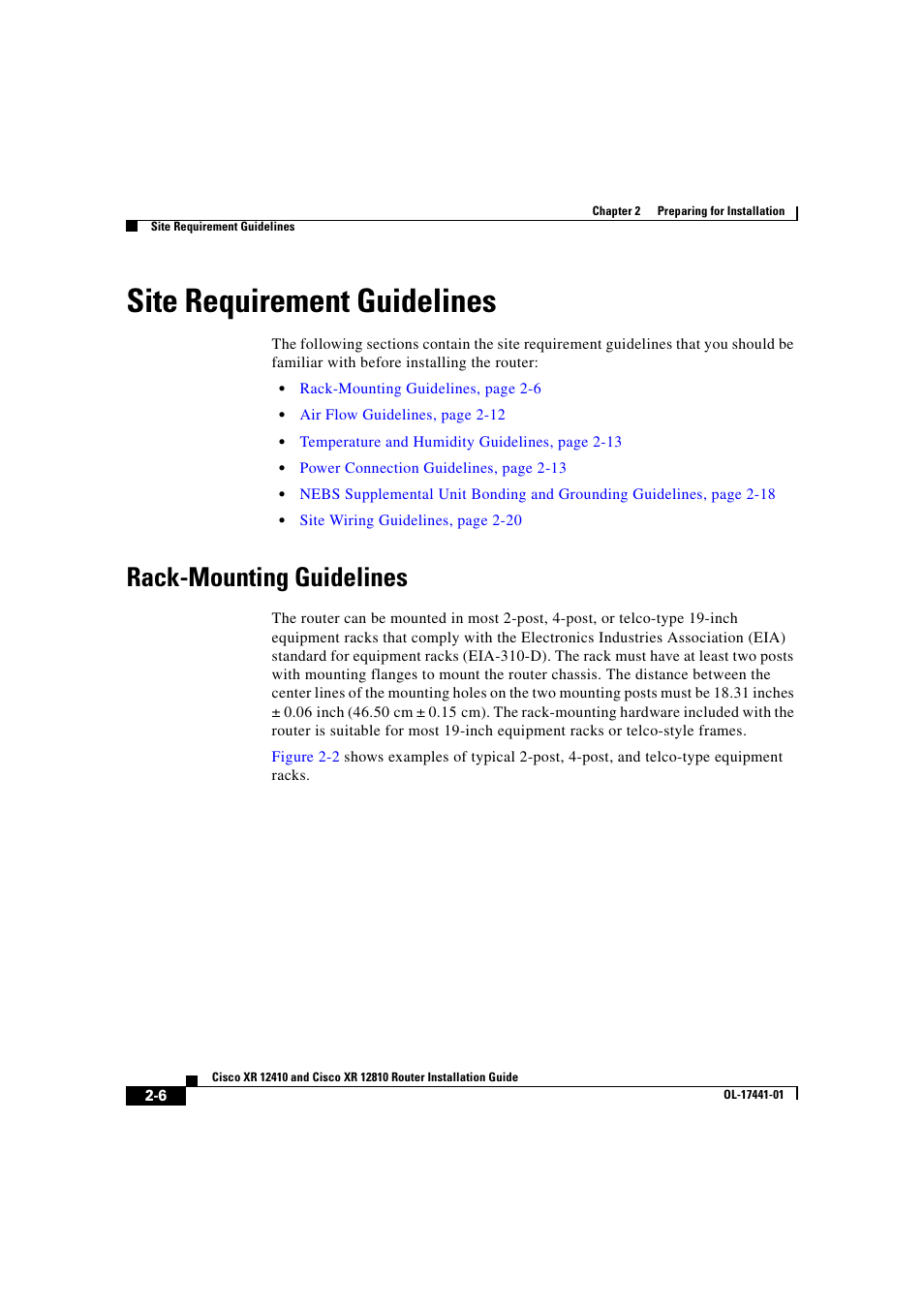 Site requirement guidelines, Rack-mounting guidelines | Cisco XR 12410 User Manual | Page 56 / 238