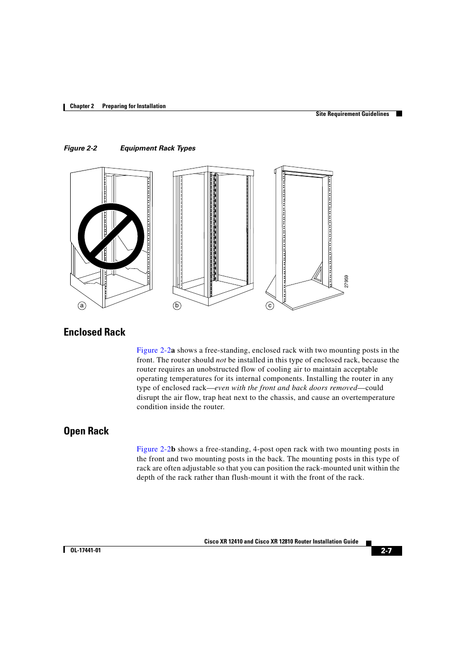 Enclosed rack, Open rack, Figure 2-2 | Cisco XR 12410 User Manual | Page 57 / 238