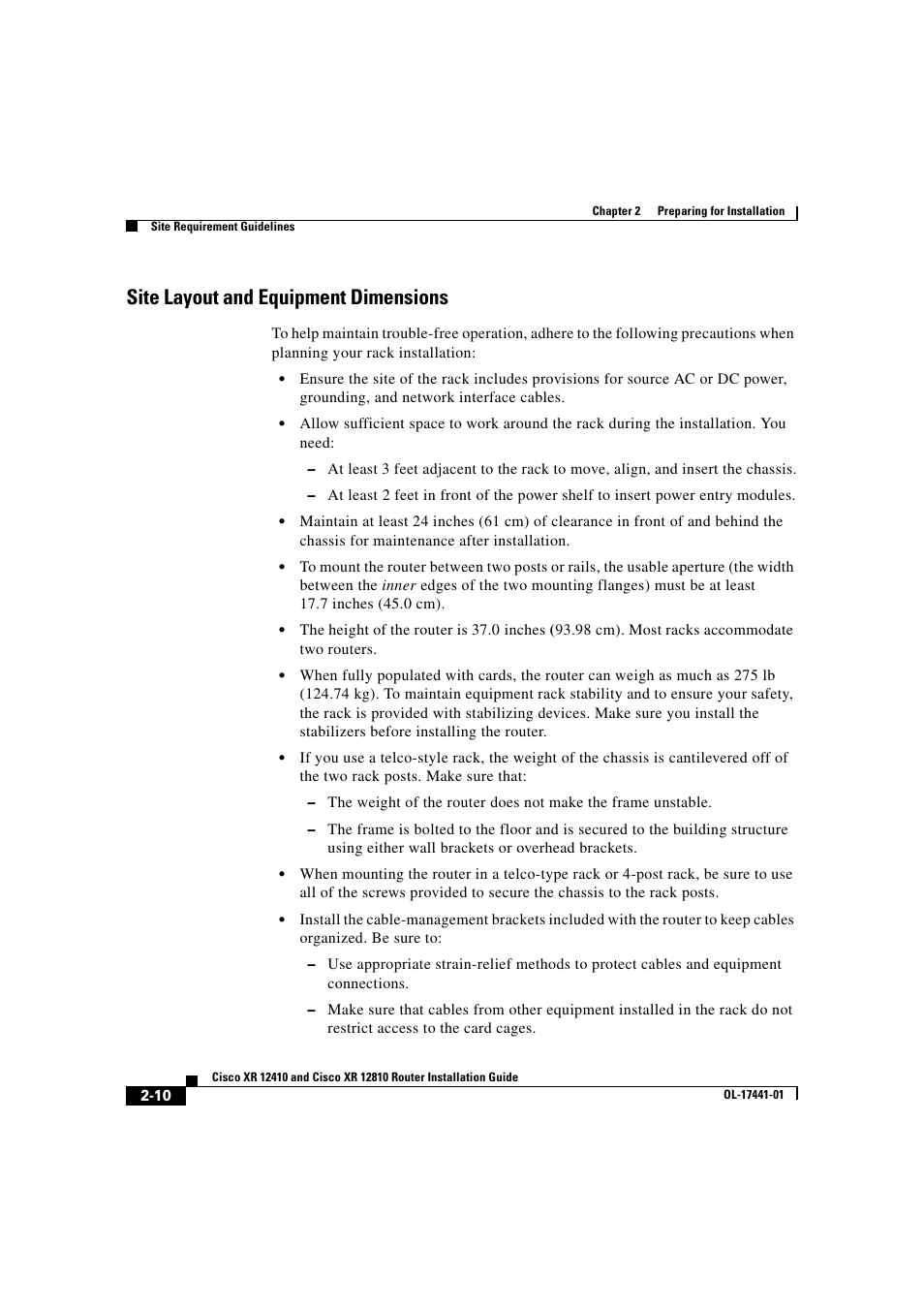 Site layout and equipment dimensions | Cisco XR 12410 User Manual | Page 60 / 238