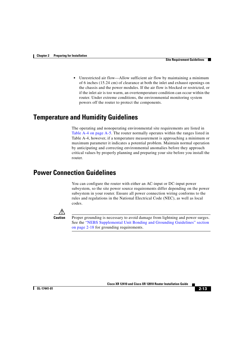 Temperature and humidity guidelines, Power connection guidelines | Cisco XR 12410 User Manual | Page 63 / 238