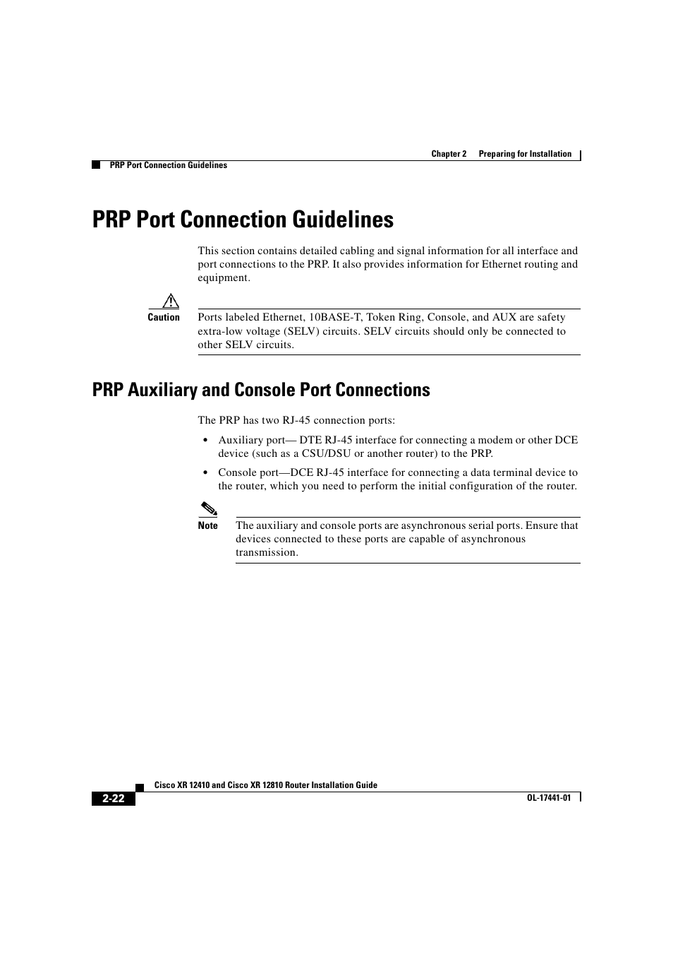 Prp port connection guidelines, Prp auxiliary and console port connections | Cisco XR 12410 User Manual | Page 72 / 238