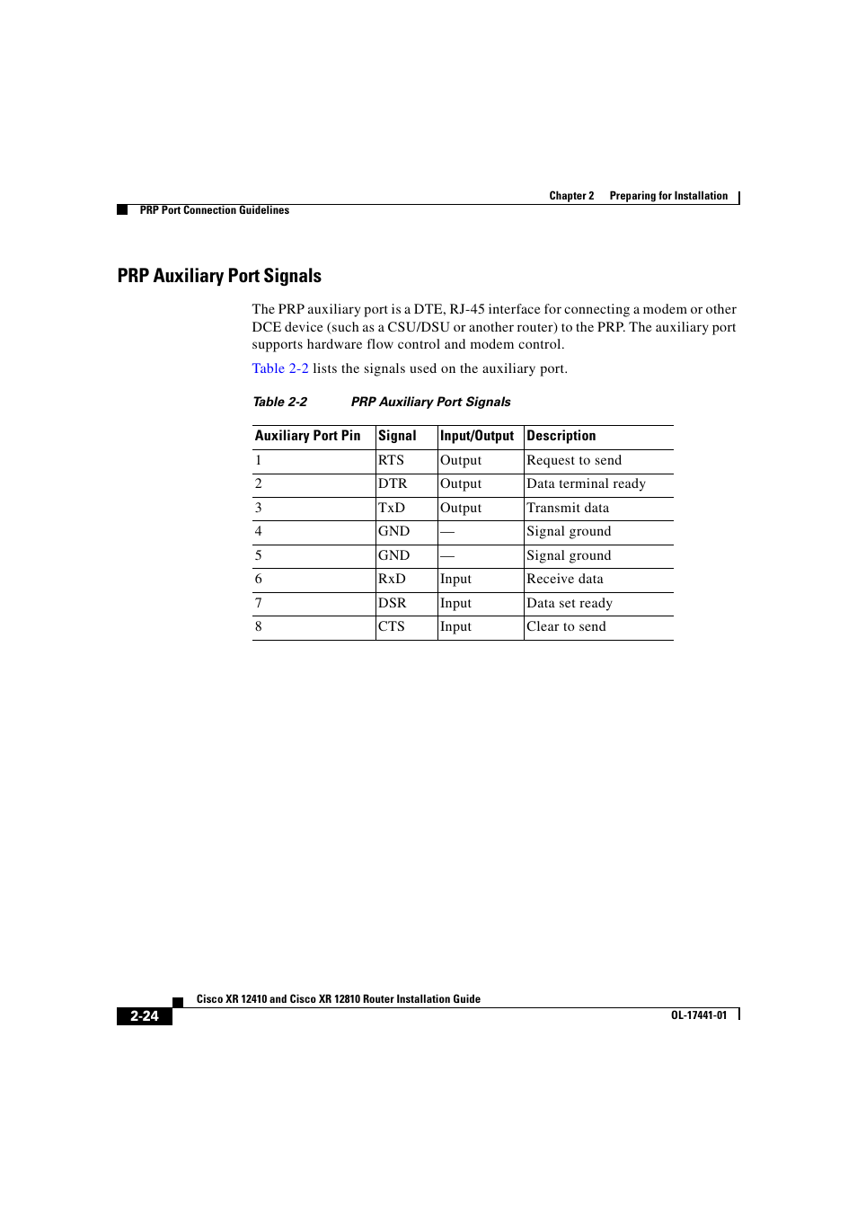 Prp auxiliary port signals | Cisco XR 12410 User Manual | Page 74 / 238