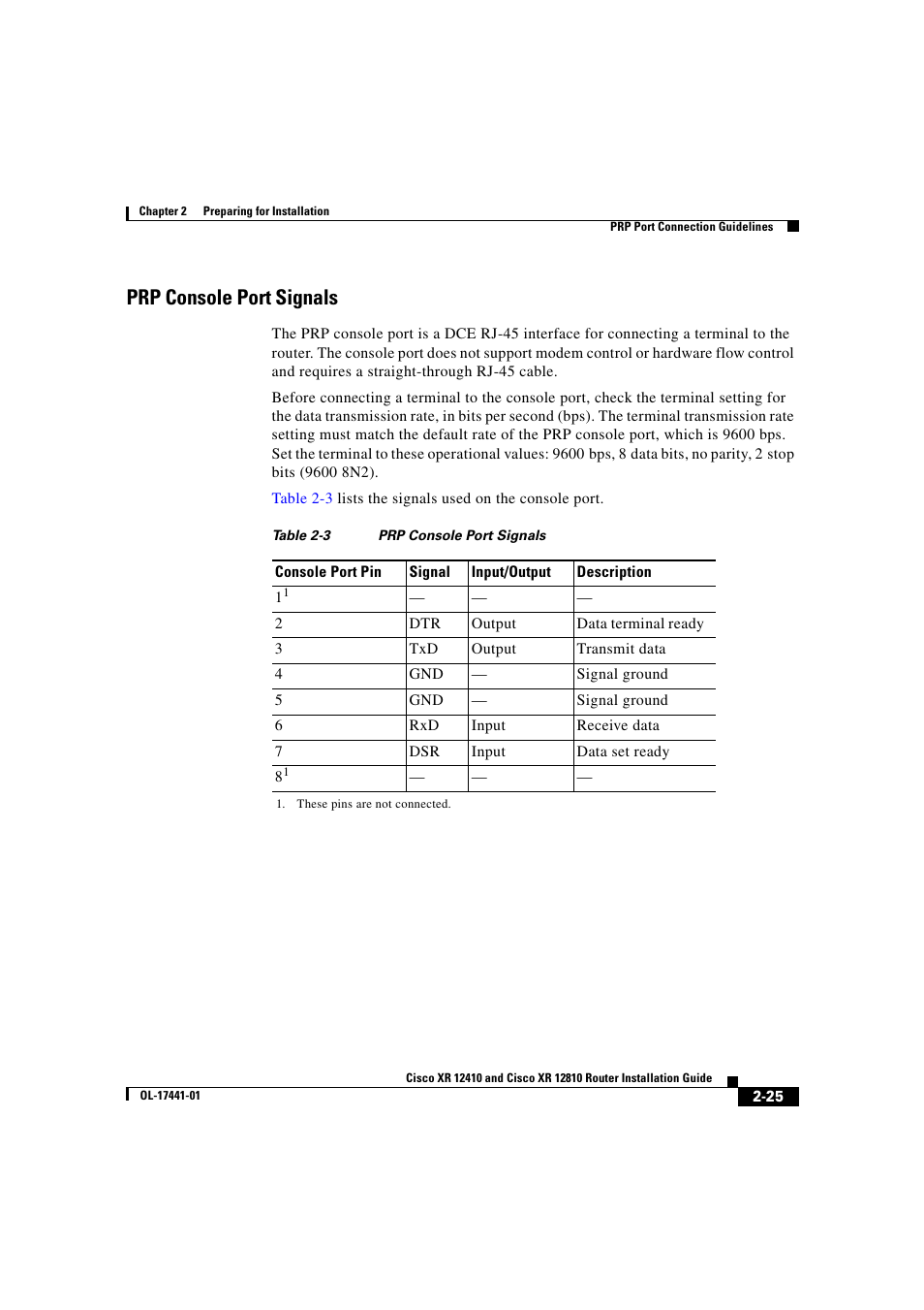 Prp console port signals | Cisco XR 12410 User Manual | Page 75 / 238