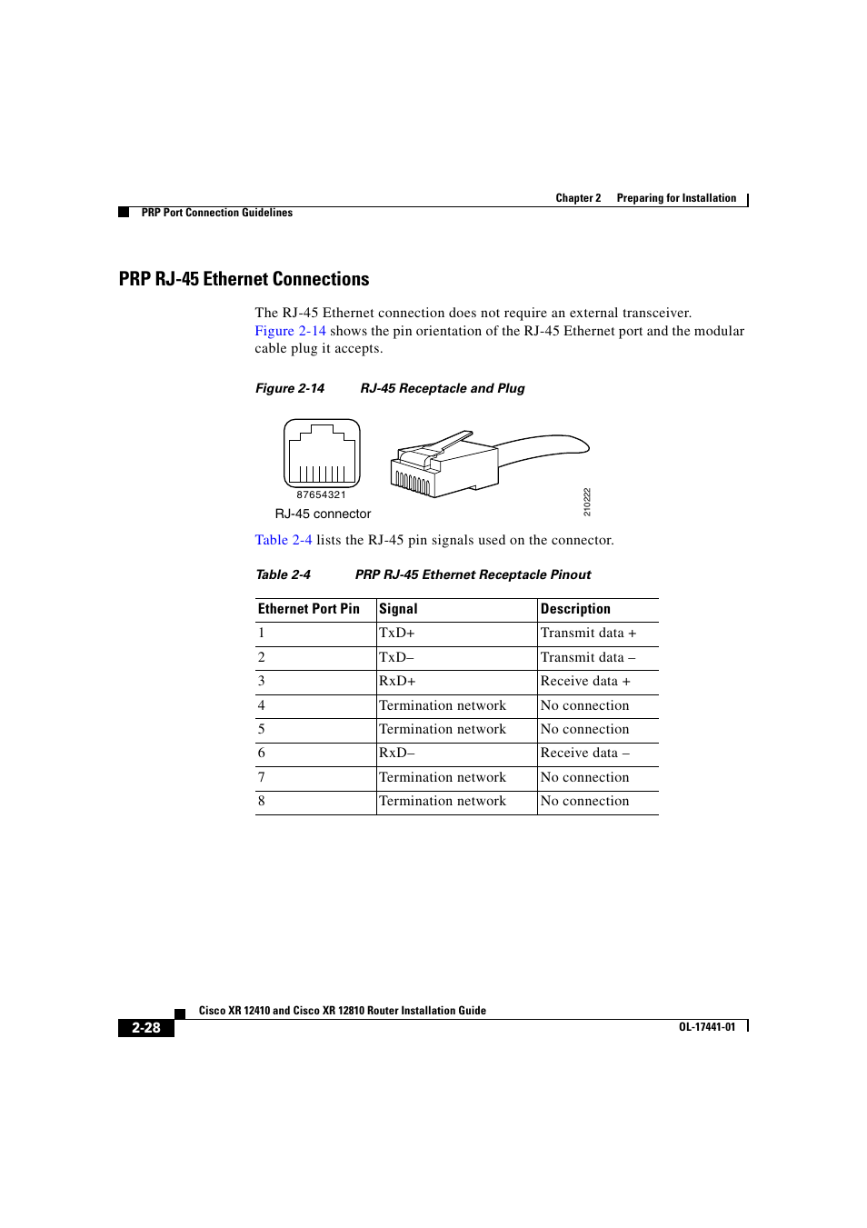 Prp rj-45 ethernet connections | Cisco XR 12410 User Manual | Page 78 / 238