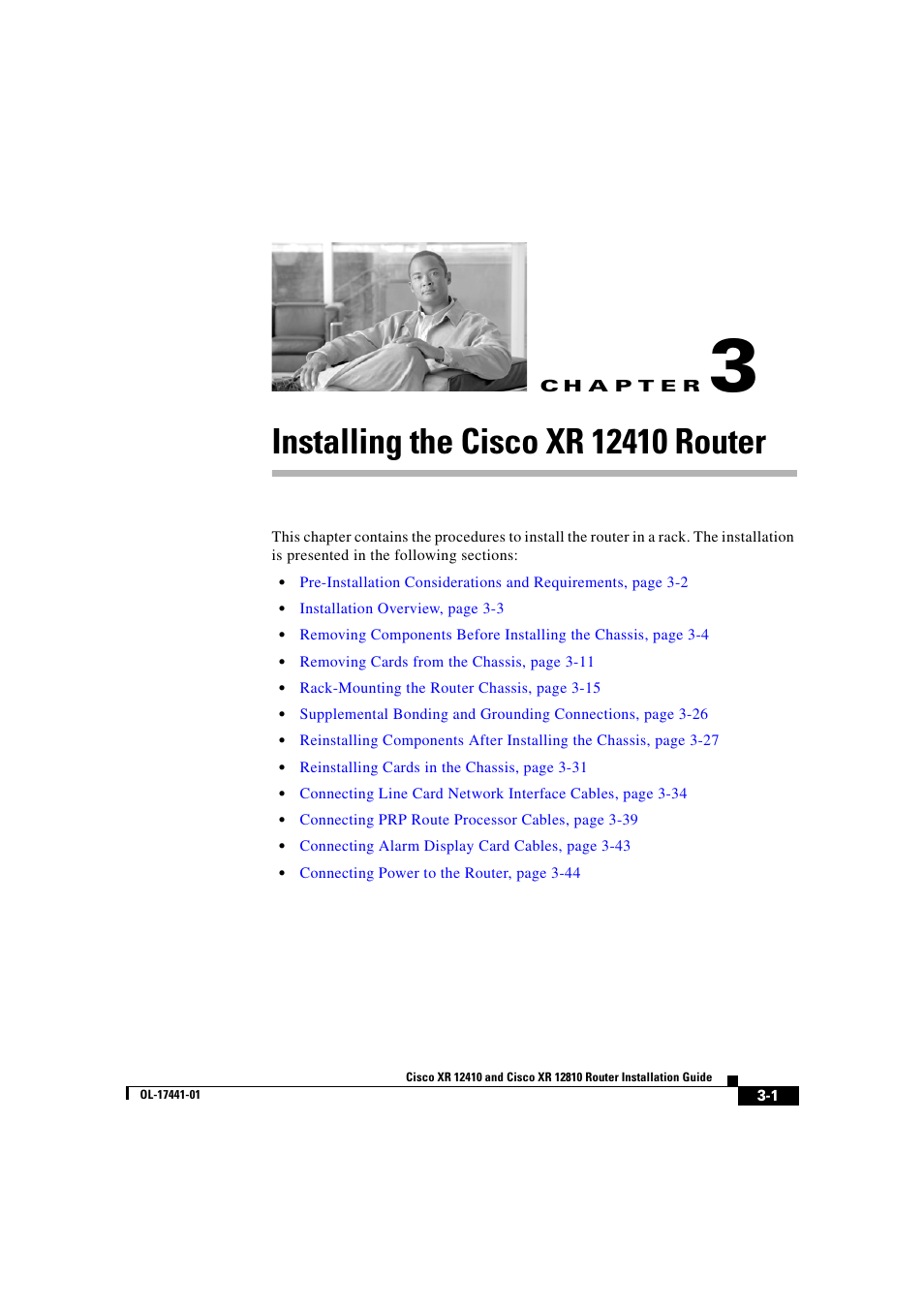 Installing the cisco xr 12410 router, C h a p t e r, Chapter 3, “installing the cisco xr 12410 router | Cisco XR 12410 User Manual | Page 83 / 238