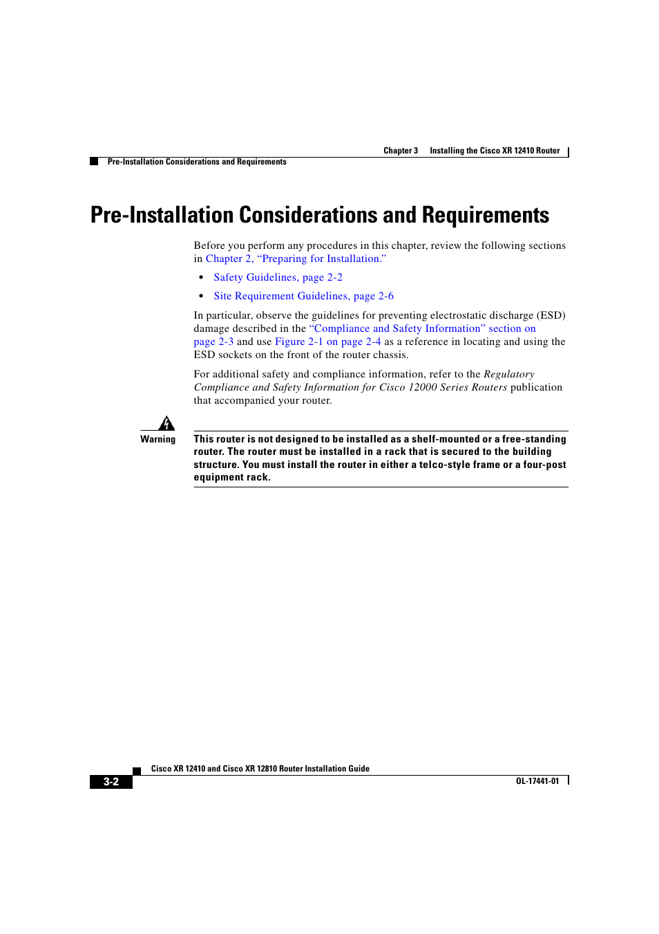 Pre-installation considerations and requirements | Cisco XR 12410 User Manual | Page 84 / 238