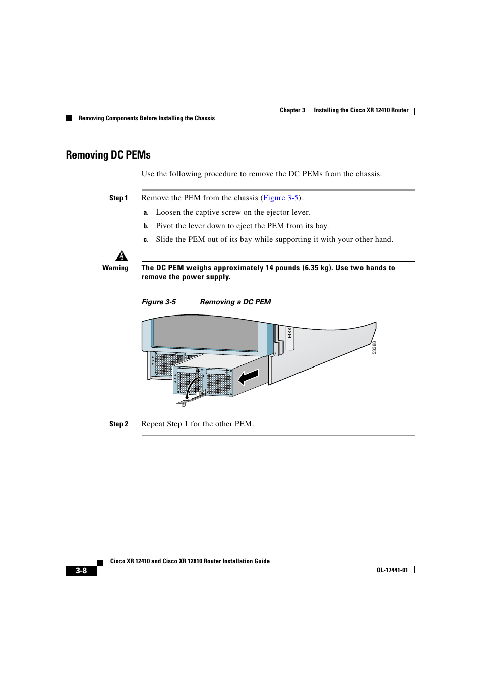 Removing dc pems | Cisco XR 12410 User Manual | Page 90 / 238