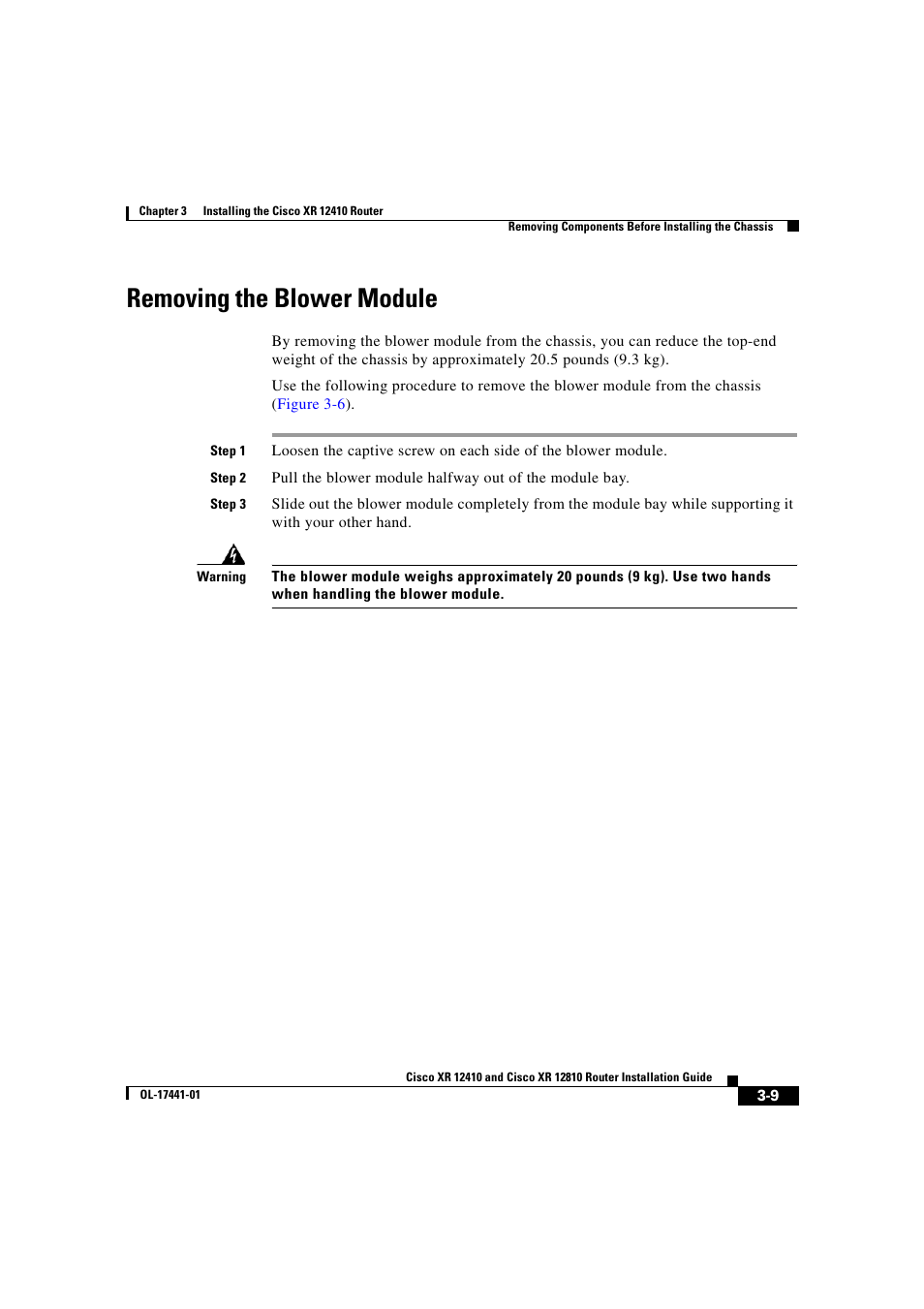 Removing the blower module | Cisco XR 12410 User Manual | Page 91 / 238