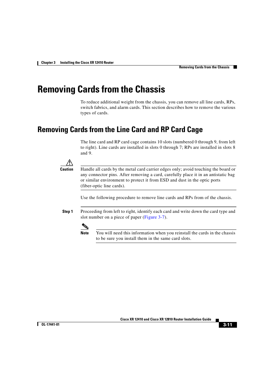 Removing cards from the chassis, Removing cards from the line card and rp card cage | Cisco XR 12410 User Manual | Page 93 / 238