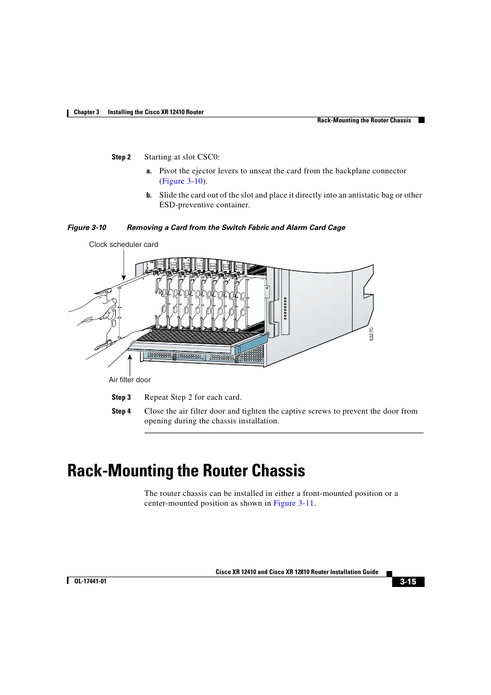 Rack-mounting the router chassis, Starting at slot csc0, Repeat step 2 for each card | Step 2, Step 4, 2sf c, Air filter door, Clock scheduler card | Cisco XR 12410 User Manual | Page 97 / 238