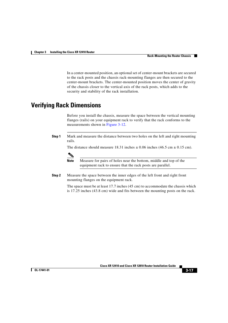 Verifying rack dimensions | Cisco XR 12410 User Manual | Page 99 / 238
