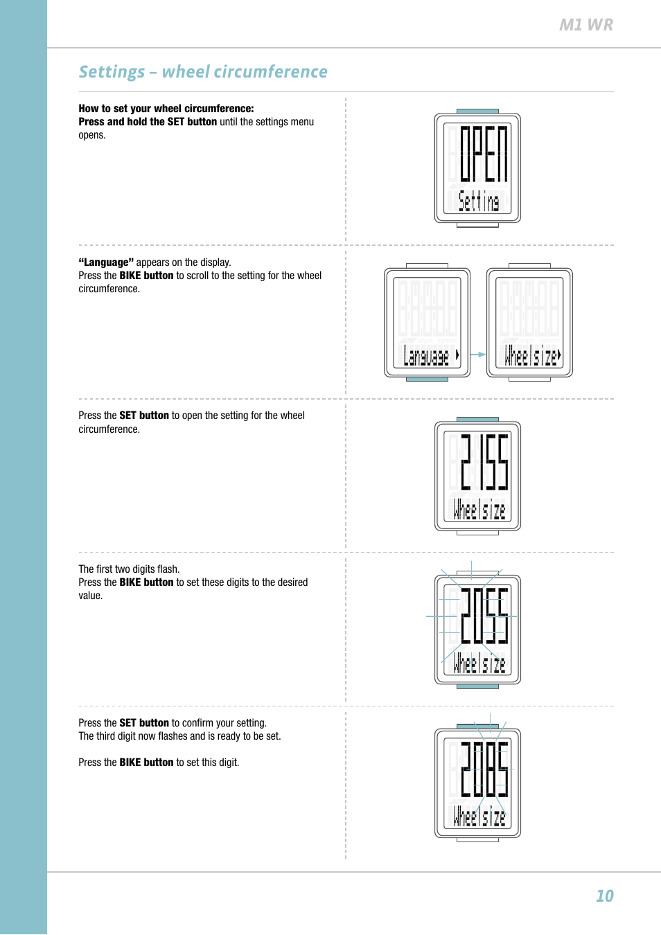 10 m1 wr, Settings – wheel circumference | VDO M1WR User Manual | Page 10 / 23