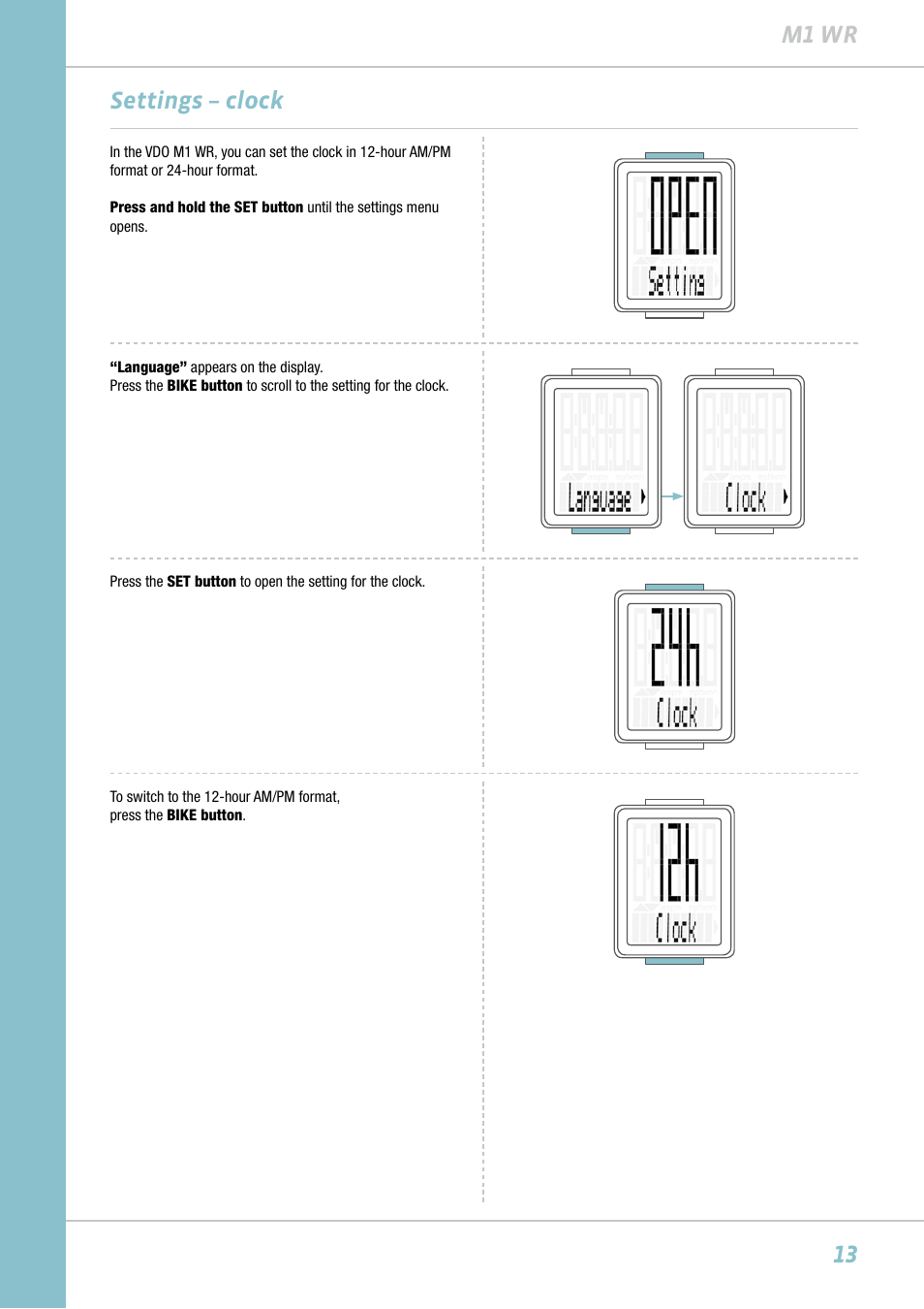 13 m1 wr, Settings – clock | VDO M1WR User Manual | Page 13 / 23